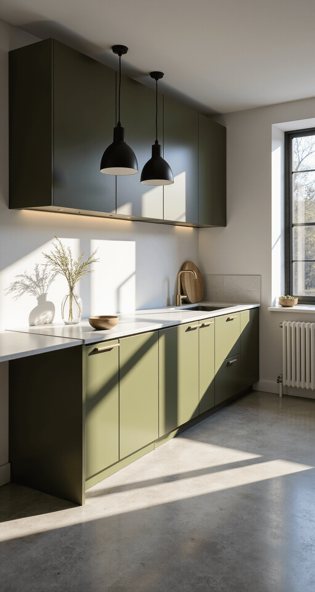 Olive Green Kitchen Cabinets: The Ultimate Style Guide for Modern Home Decor Modern minimalist kitchen with olive green cabinets, white quartz countertops, and polished concrete floors, illuminated by early morning sunlight through floor-to-ceiling windows, featuring pendant lights and organic olive branches in vases.