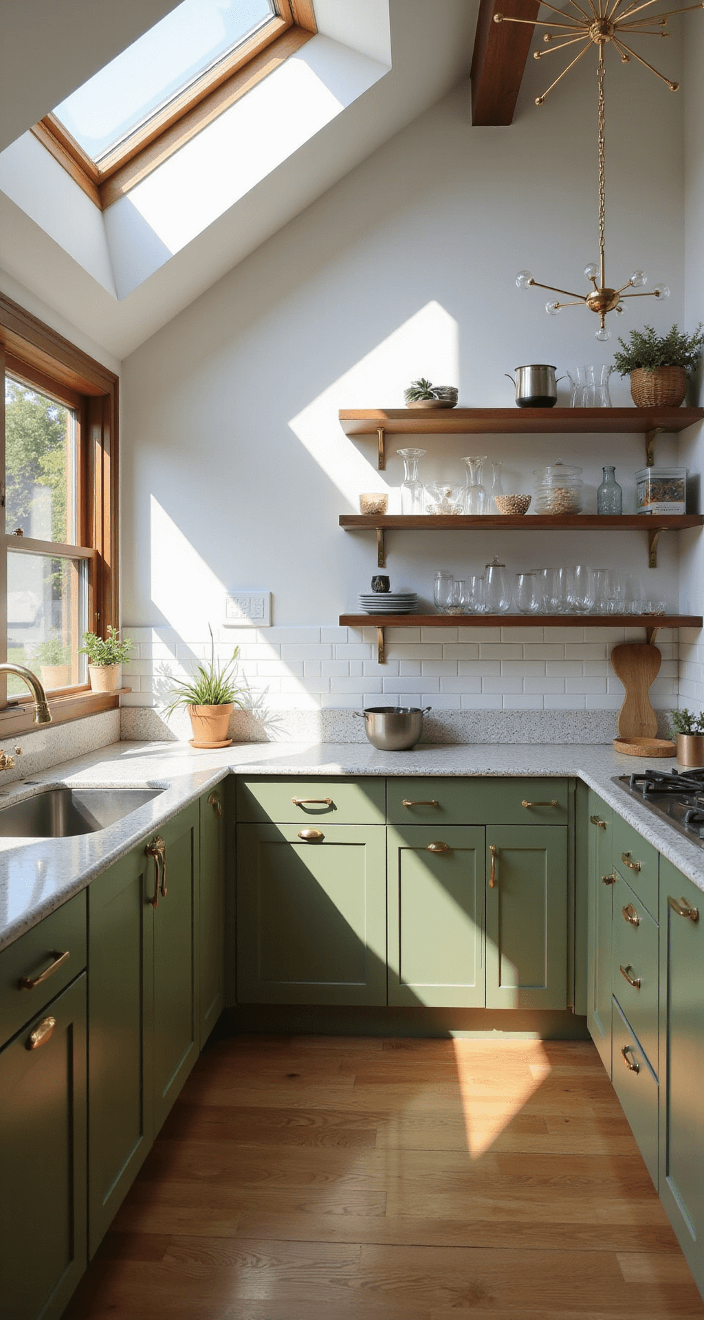 Olive Green Kitchen Cabinets: The Ultimate Style Guide for Modern Home Decor Mid-century modern kitchen with slanted ceiling, featuring olive green slab-front cabinets, terrazzo countertops, walnut floating shelves with vintage glassware, and a Sputnik chandelier, illuminated by afternoon light creating geometric shadows through clerestory windows.