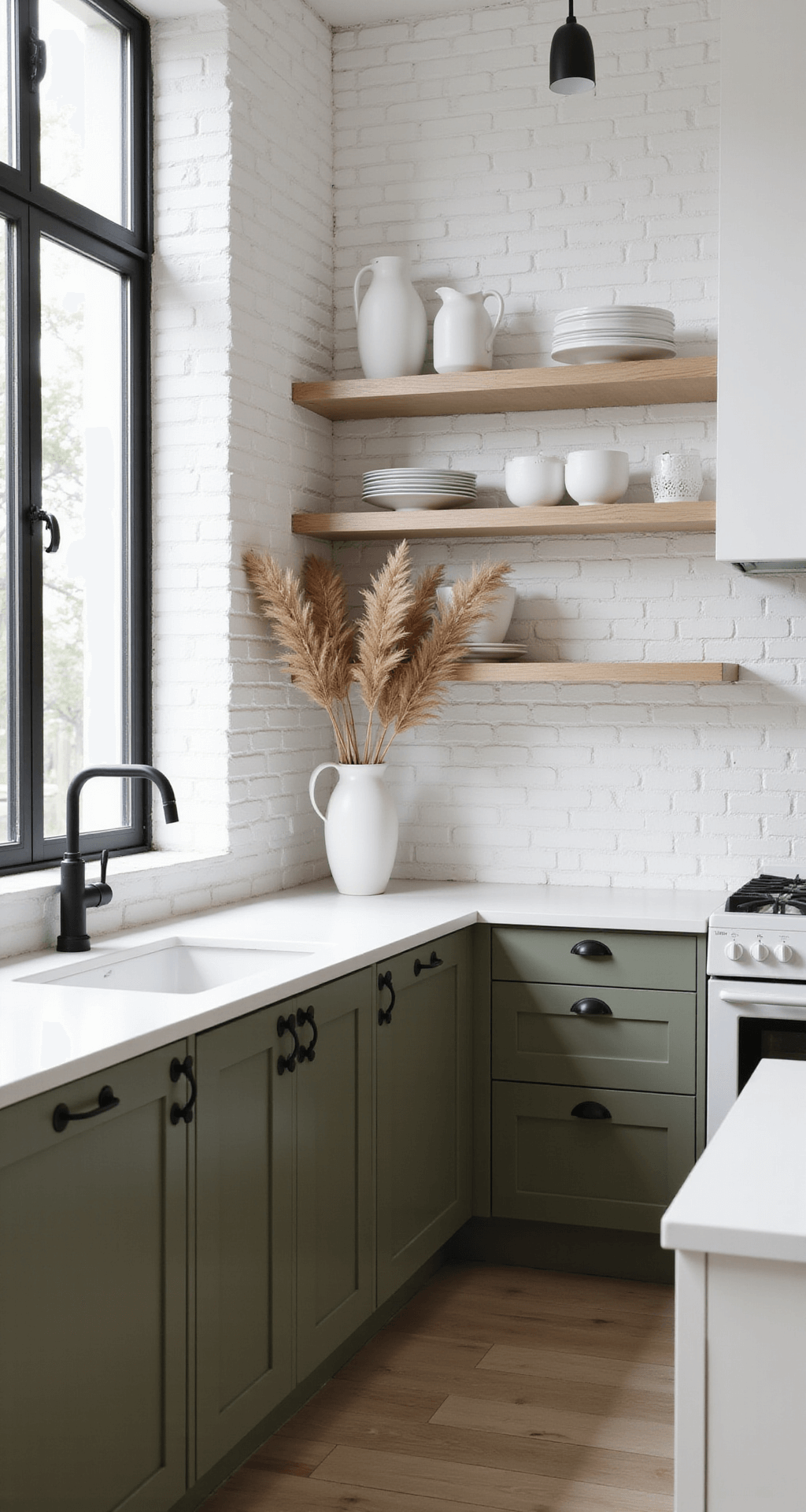 Olive Green Kitchen Cabinets: The Ultimate Style Guide for Modern Home Decor A Scandinavian kitchen featuring olive green lower cabinets, white upper cabinets, and pale ash wood open shelving. The space is illuminated by diffused northern light, highlighting white painted brick walls, minimal black hardware, and pendant lights. Dried pampas grass in white ceramic vessels adds a serene touch. The high angle shot captures the clean lines and calm atmosphere.