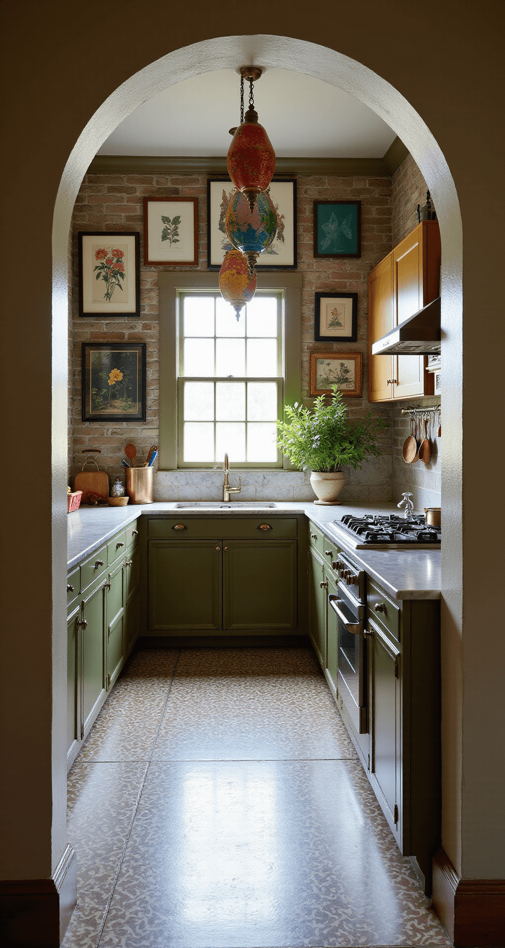 Olive Green Kitchen Cabinets: The Ultimate Style Guide for Modern Home Decor Eclectic kitchen with arched doorway, featuring olive green cabinets, marble countertops with dramatic veining, colorful Moroccan pendant lights, a gallery wall of botanical prints, and brass and copper cookware, illuminated by late morning light on patterned cement tile floor.