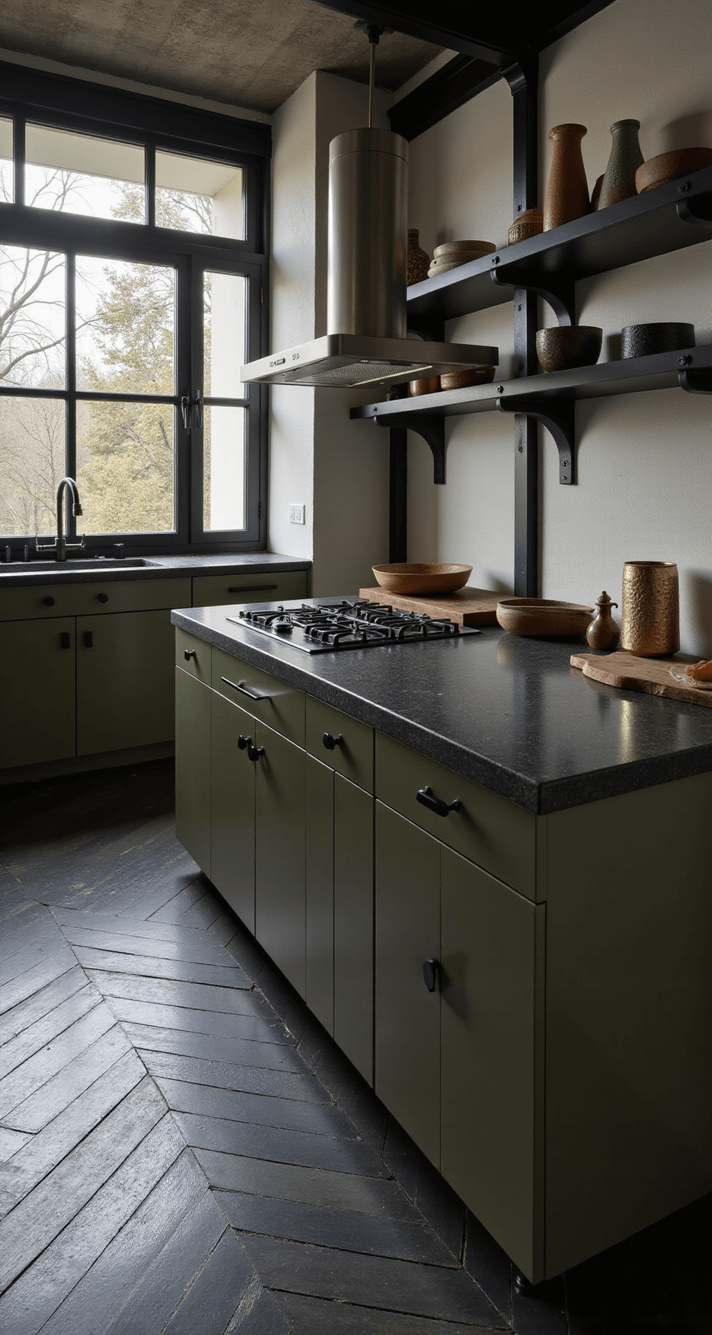 Olive Green Kitchen Cabinets: The Ultimate Style Guide for Modern Home Decor A contemporary kitchen featuring olive green cabinets, dark soapstone countertops, and black steel-framed windows, illuminated by stormy afternoon light. The space has a dramatic ambiance with dark herringbone flooring and sleek floating black metal shelves adorned with minimalist pottery. A brushed steel cylindrical range hood complements the geometric layout, captured from above the island.