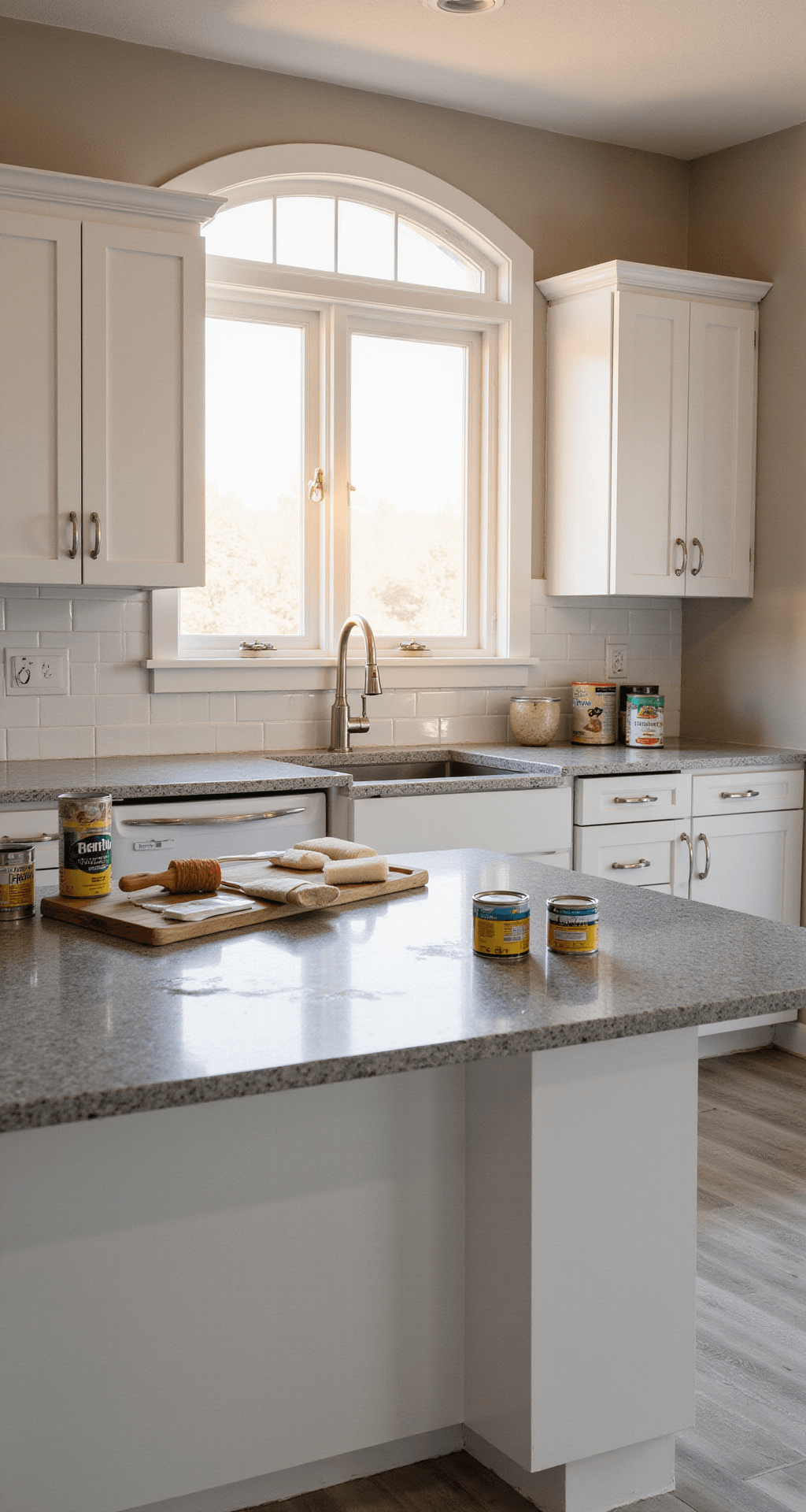 How to Paint Kitchen Cabinets Like a Pro: A Foolproof DIY Guide Bright modern kitchen with white Shaker cabinets and gray quartz countertops, featuring natural light streaming through a large west-facing window, casting warm highlights on organized painting supplies arranged on the island.