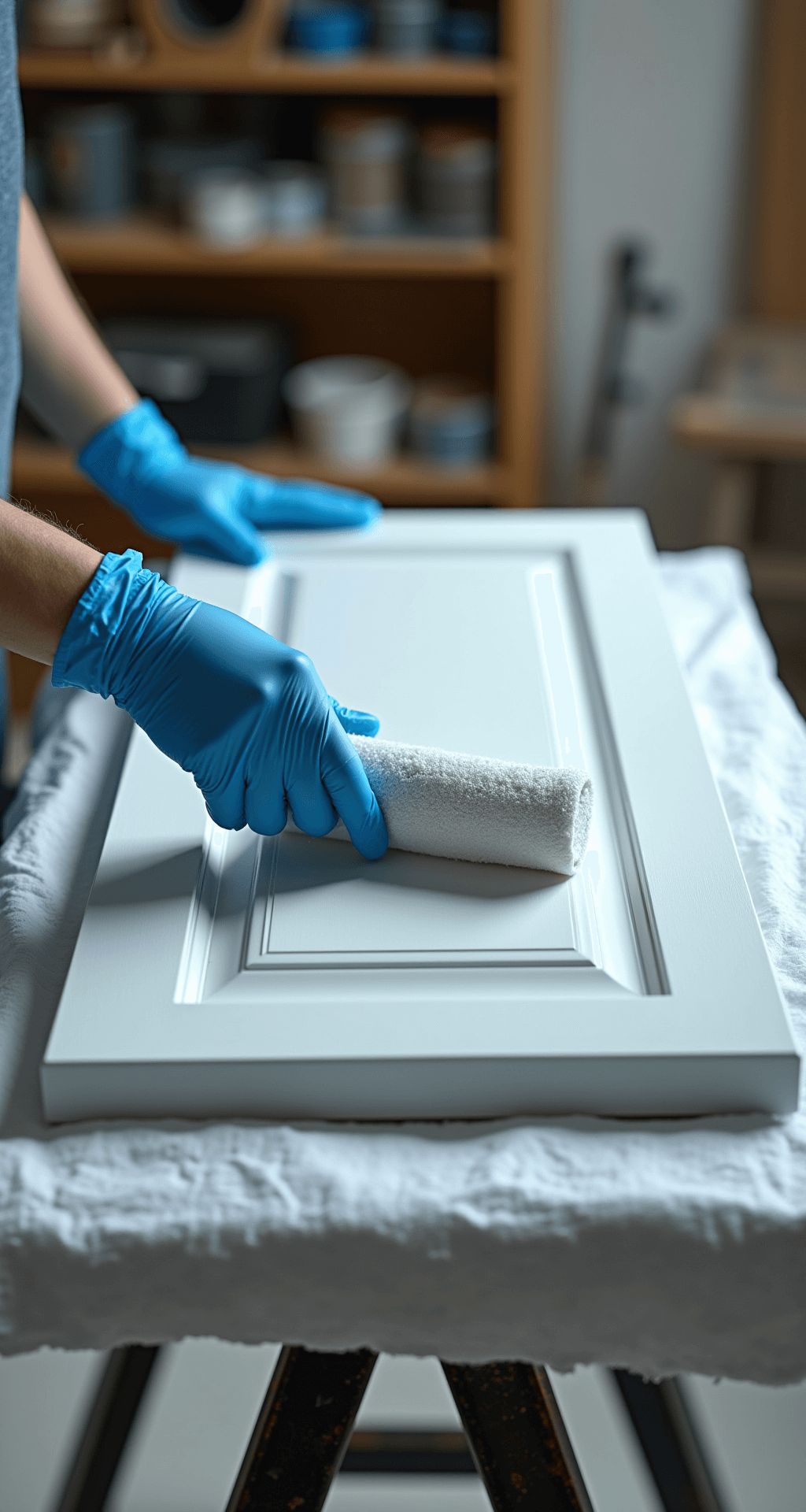 How to Paint Kitchen Cabinets Like a Pro: A Foolproof DIY Guide Close-up of hands in blue nitrile gloves applying primer to a cabinet door on sawhorses, with soft box lighting and a white drop cloth below; macro lens highlights texture of foam roller and organized tools in a cool-toned workshop.