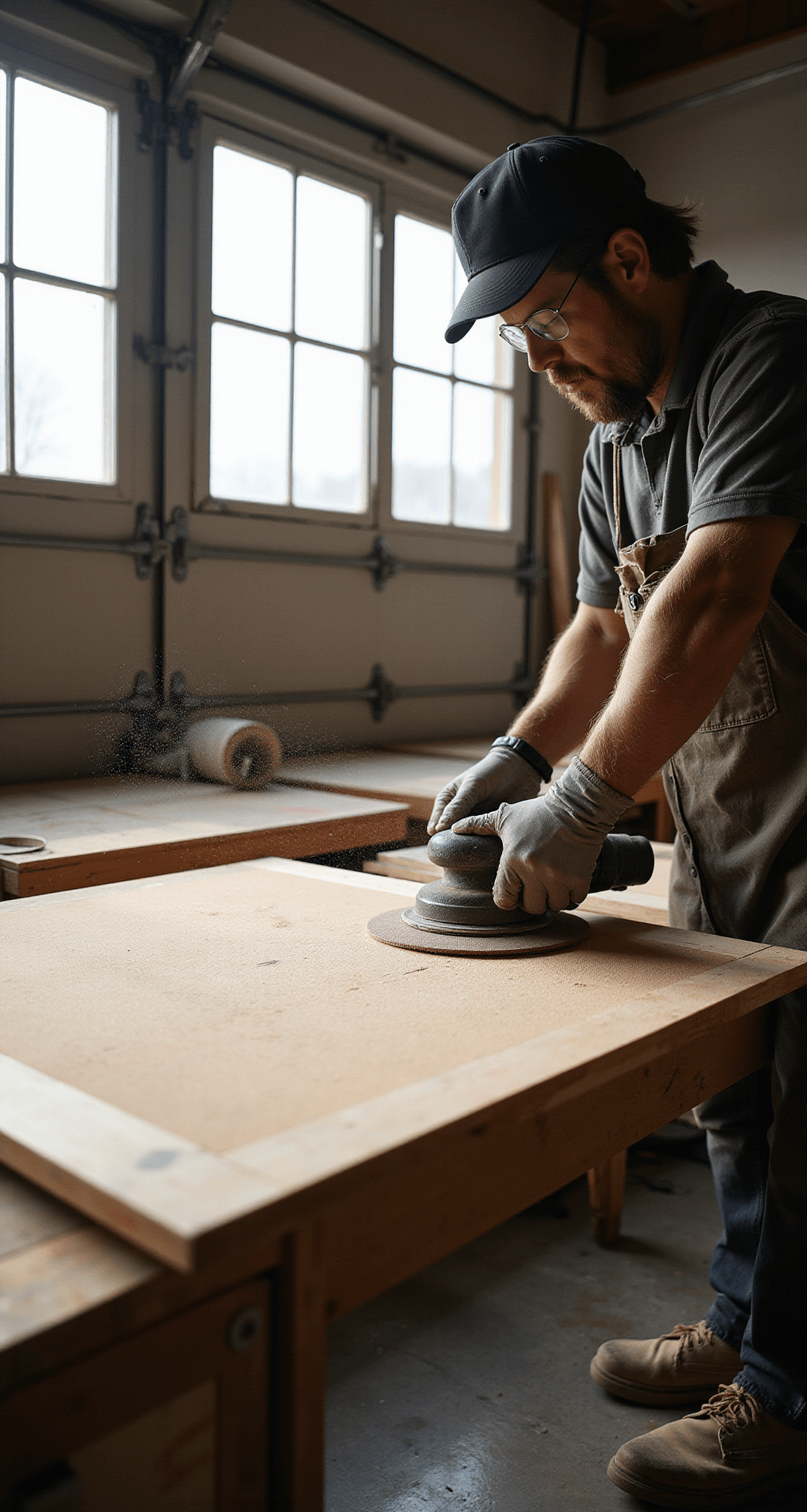 How to Paint Kitchen Cabinets Like a Pro: A Foolproof DIY Guide A person in protective gear sands a cabinet door in a sunlit garage workshop, with dust particles illuminated by morning light, focusing on hands and sandpaper texture against a backdrop of raw wood and a cool concrete floor.