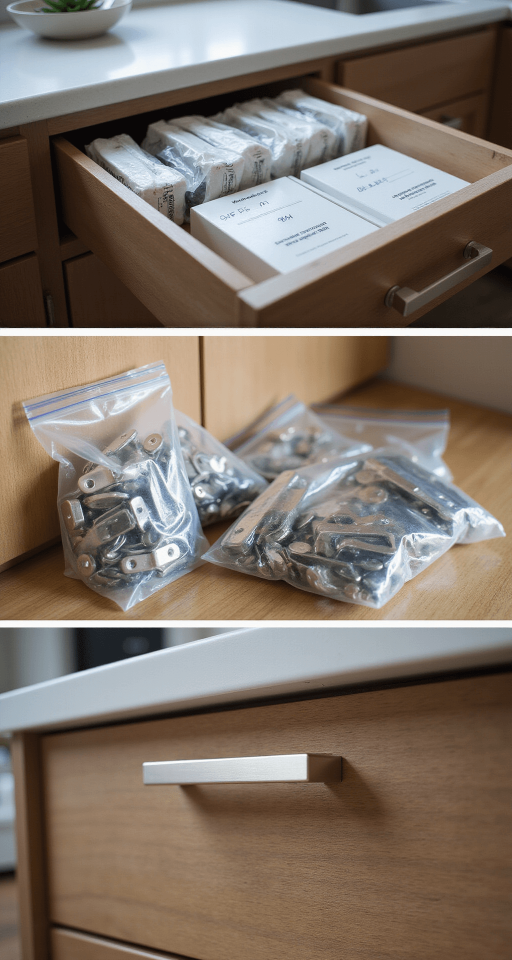 How to Paint Kitchen Cabinets Like a Pro: A Foolproof DIY Guide Close-up of organized cabinet hardware removal system featuring labeled bags with sorted hinges and pulls, illuminated by afternoon light and LED panel, showcasing wood grain texture on cabinet edges with cool tones and metallic accents.