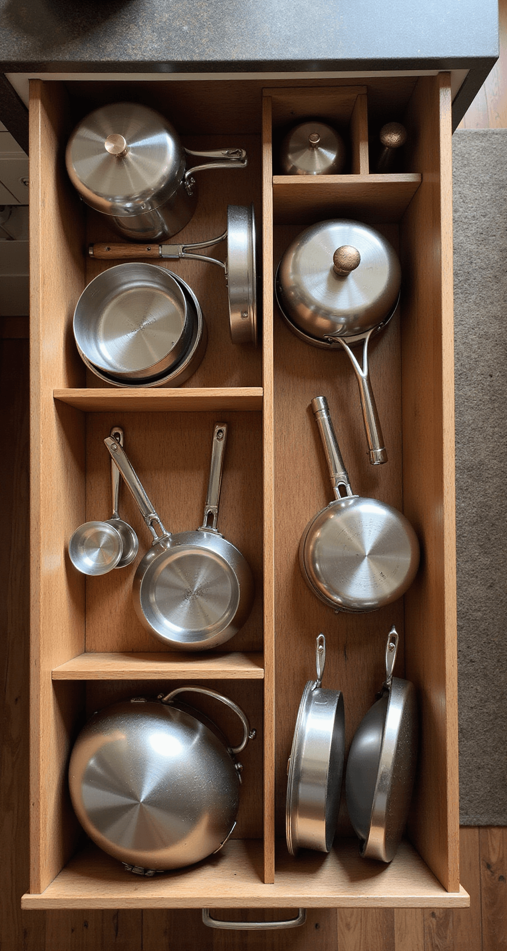 Ultimate Guide to Kitchen Cabinet Organization: Transform Your Space with Pro Tips Close-up of a deep drawer system featuring organized bamboo dividers and professional-grade cookware in a rich walnut interior, with aged brass drawer pulls and a soft-close mechanism, illuminated by afternoon natural light.