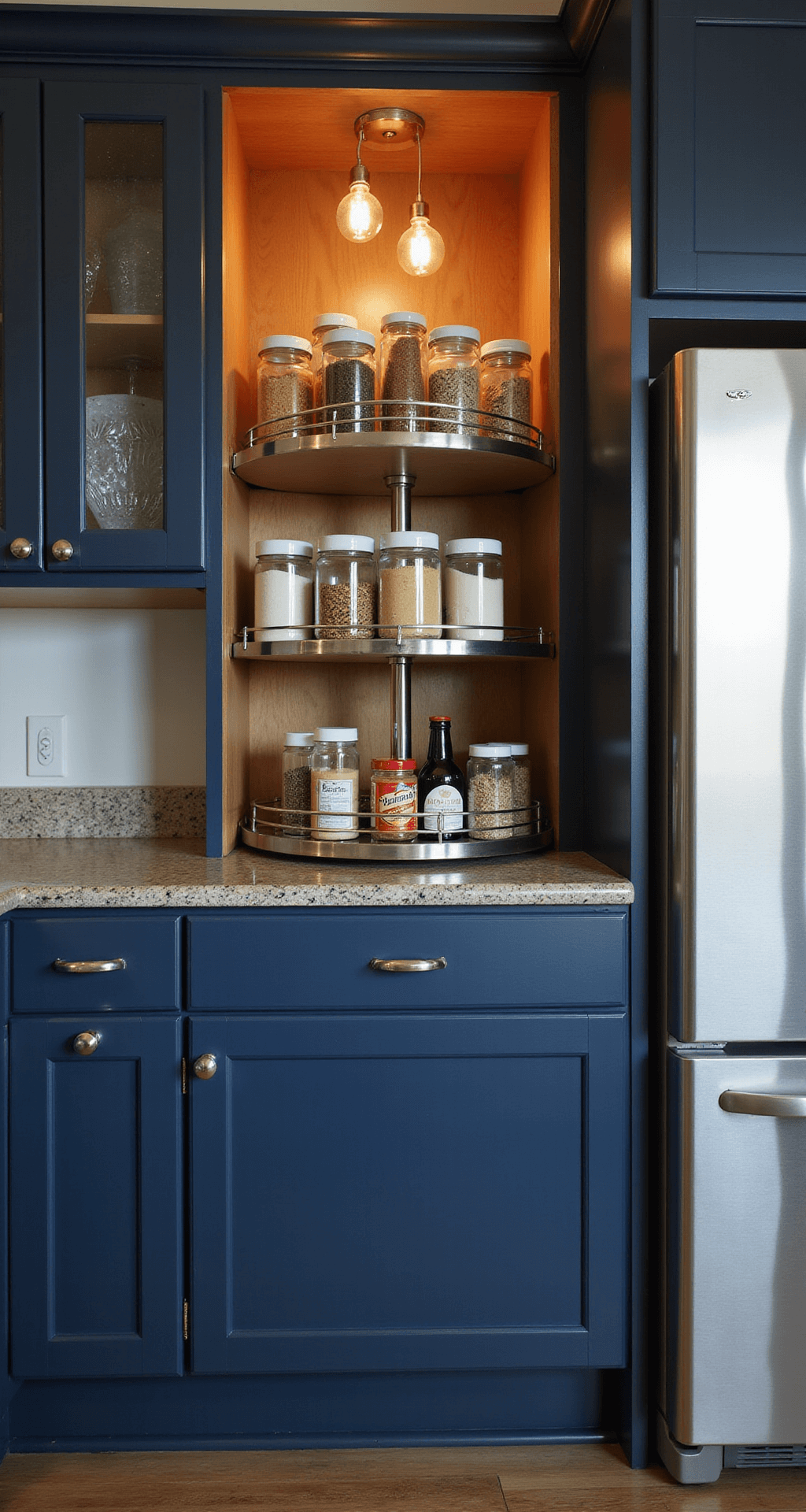 Ultimate Guide to Kitchen Cabinet Organization: Transform Your Space with Pro Tips A cozy kitchen corner featuring a transformed lazy Susan cabinet, showcasing a two-tier stainless steel carousel with categorized spice jars and oils in clear containers. The navy blue cabinet contrasts beautifully with the organized interior, illuminated by warm pendant lights in a dusk setting, with subtle reflections from stainless steel appliances.