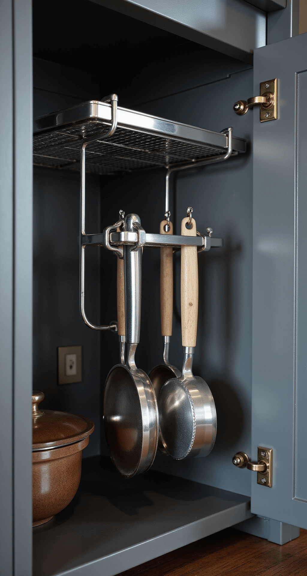 Ultimate Guide to Kitchen Cabinet Organization: Transform Your Space with Pro Tips Close-up of a chrome-finished rack mounted inside a dark gray cabinet door, holding cooking utensils and measuring tools. Dramatic side lighting highlights textures while morning light casts shadows across the organized tools, with a shallow depth of field isolating specific elements.