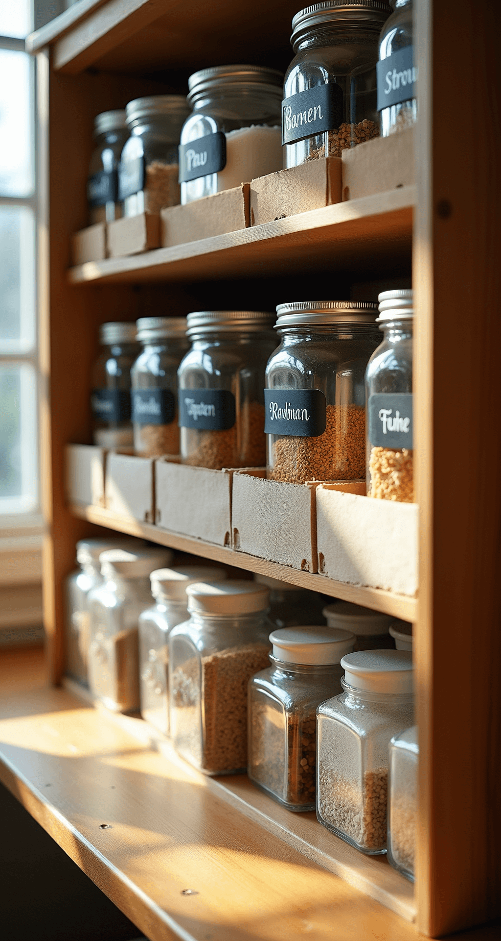 Ultimate Guide to Kitchen Cabinet Organization: Transform Your Space with Pro Tips A cozy, eye-level view of a budget-friendly organization system featuring repurposed clear mason jars with chalk labels filled with dry goods, DIY cardboard dividers wrapped in linen-textured paper, and vintage wooden spice boxes, all illuminated by warm afternoon sunlight from a nearby window, creating soft natural shadows against warm wood tones, clear glass, and white ceramic containers.