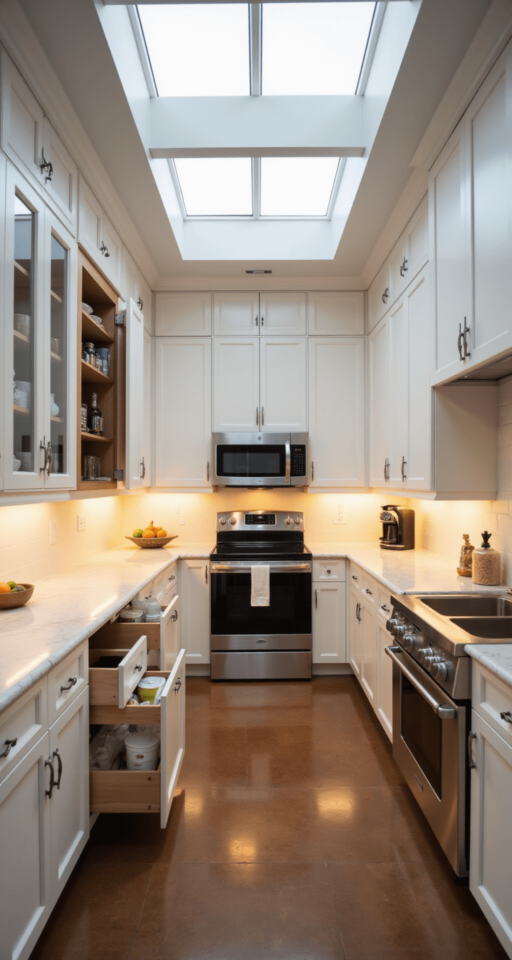 Ultimate Guide to Kitchen Cabinet Organization: Transform Your Space with Pro Tips Pulled-back view of a modern kitchen featuring white floor-to-ceiling cabinets with solid and glass doors, professional-grade pull-out storage systems, integrated stainless steel appliances, and marble countertops illuminated by warm golden hour light from skylights.