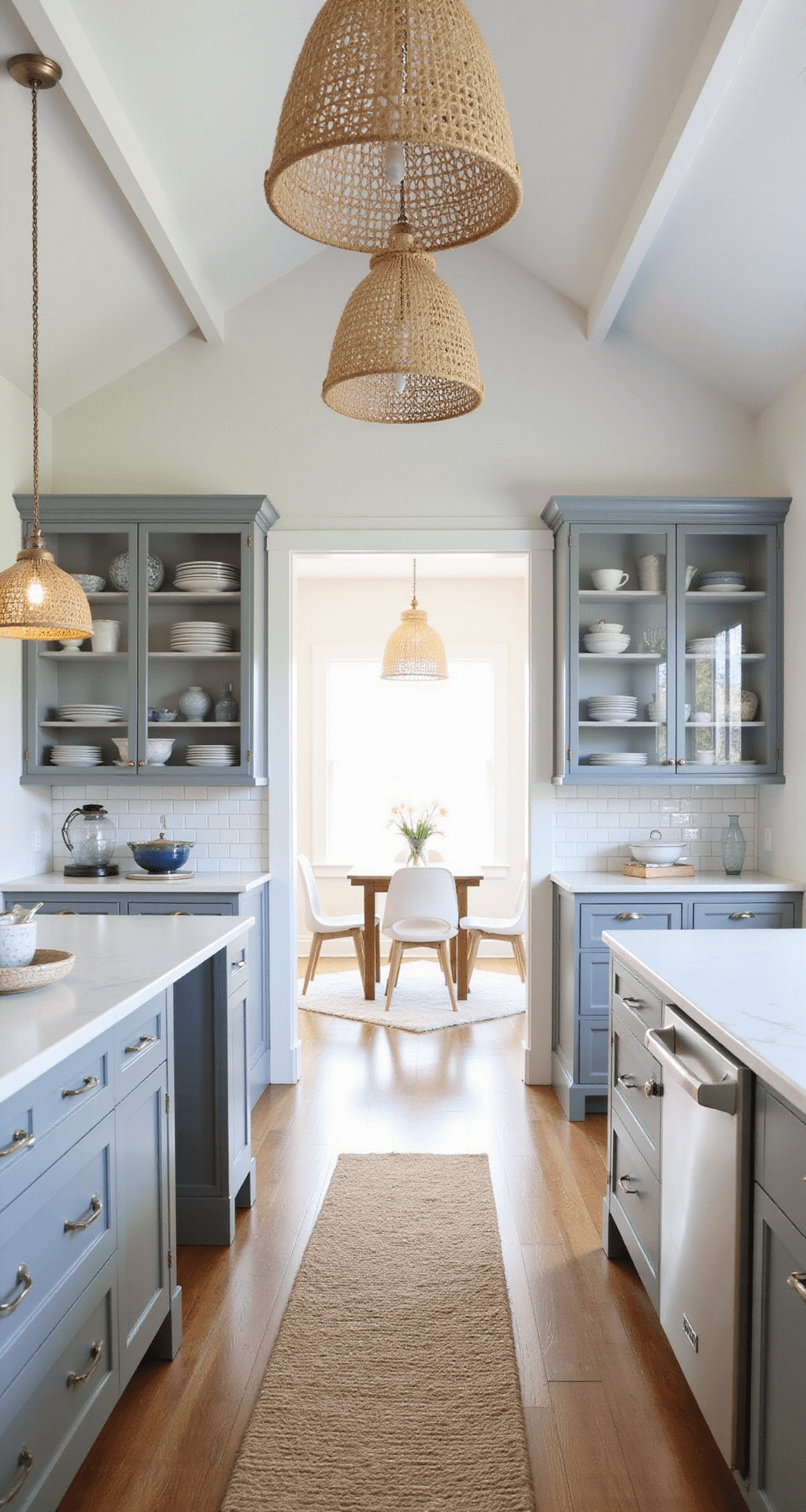 Blue Gray Kitchen Cabinets: Your Ultimate Design Guide Coastal-inspired kitchen featuring 'Gentle Harbor Gray' cabinets, white quartz countertops, and a cathedral ceiling with exposed beams, illuminated by early morning light. The space includes a natural jute runner, woven pendant lights, open shelving with white dinnerware, and a display of blue-green sea glass, creating an airy and serene atmosphere.