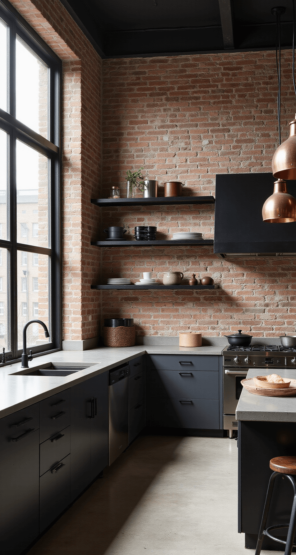 Blue Gray Kitchen Cabinets: Your Ultimate Design Guide A spacious industrial loft kitchen featuring a 16'x20' layout with a 12' exposed brick wall, illuminated by late afternoon light through factory windows. The kitchen showcases 'Rich Smoky Slate' cabinets with matte black hardware, polished concrete countertops, and blackened steel open shelving. Vintage industrial pendant lights and copper accents add to the dramatic ambiance, creating bold shadows in the metropolitan space.