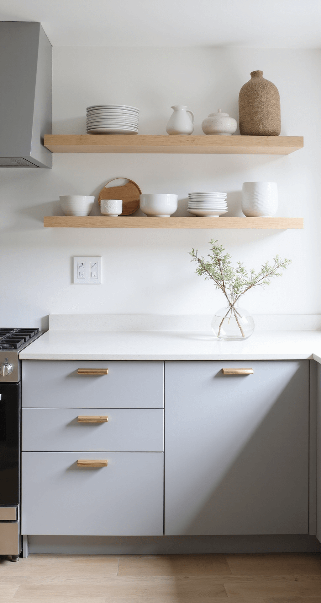 Blue Gray Kitchen Cabinets: Your Ultimate Design Guide A Scandinavian-minimal kitchen featuring soft slate cabinets with hidden pulls, white stone countertops, and blonde wood floating shelves, all illuminated by morning light. The scene showcases white oak flooring and minimal décor, including white ceramics, pale wood accents, and a single branch in a clear vase, conveying a clean and peaceful atmosphere.