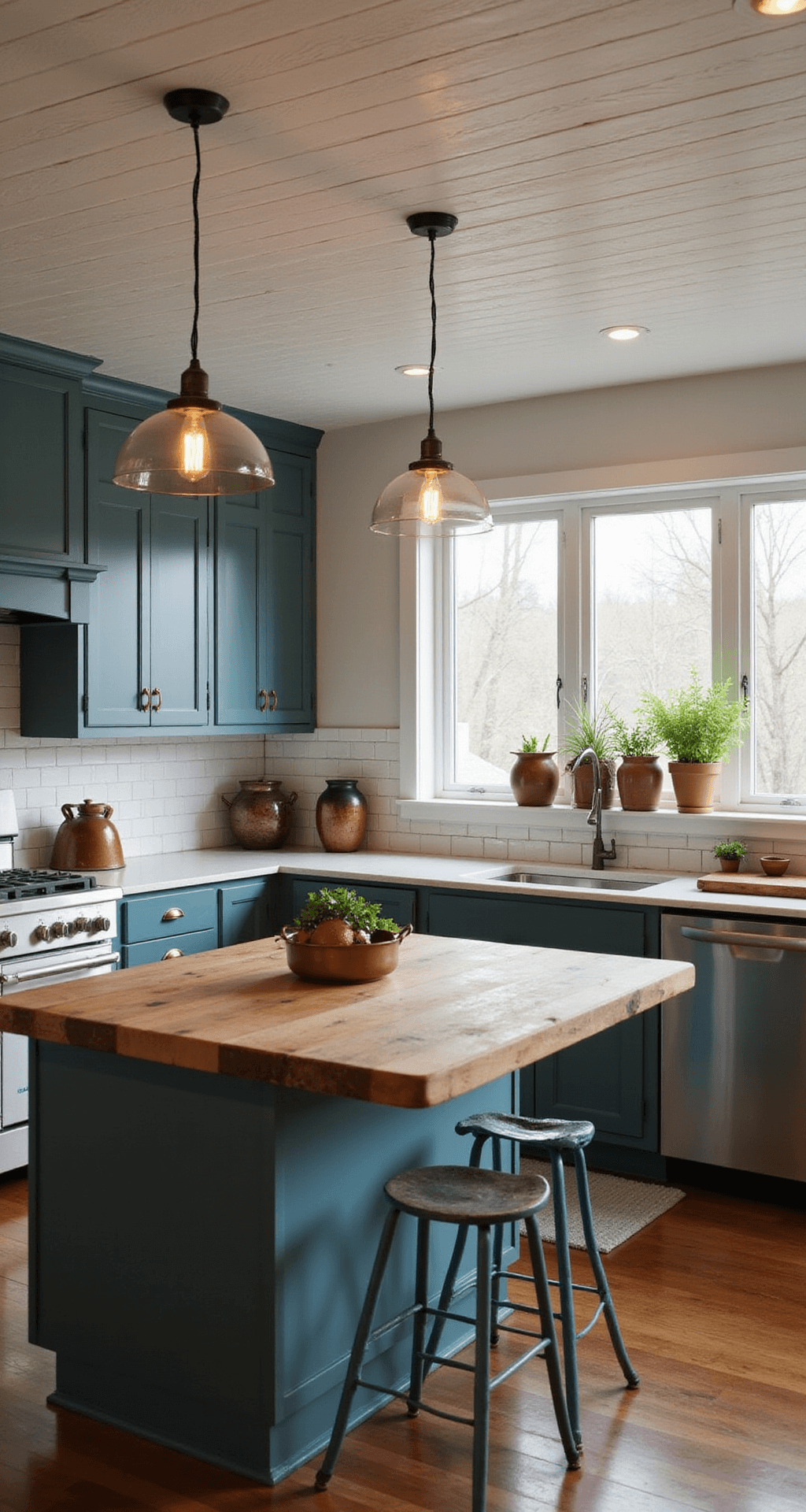 Blue Gray Kitchen Cabinets: Your Ultimate Design Guide A cozy modern farmhouse kitchen featuring 'Stormy Teal' cabinets, a butcher block island, and shiplap ceiling details, illuminated by vintage-style pendant lights with Edison bulbs. The corner view highlights a range wall focal point adorned with copper pots, earthenware crocks, and fresh herbs on the windowsill, all captured in warm dusk lighting.