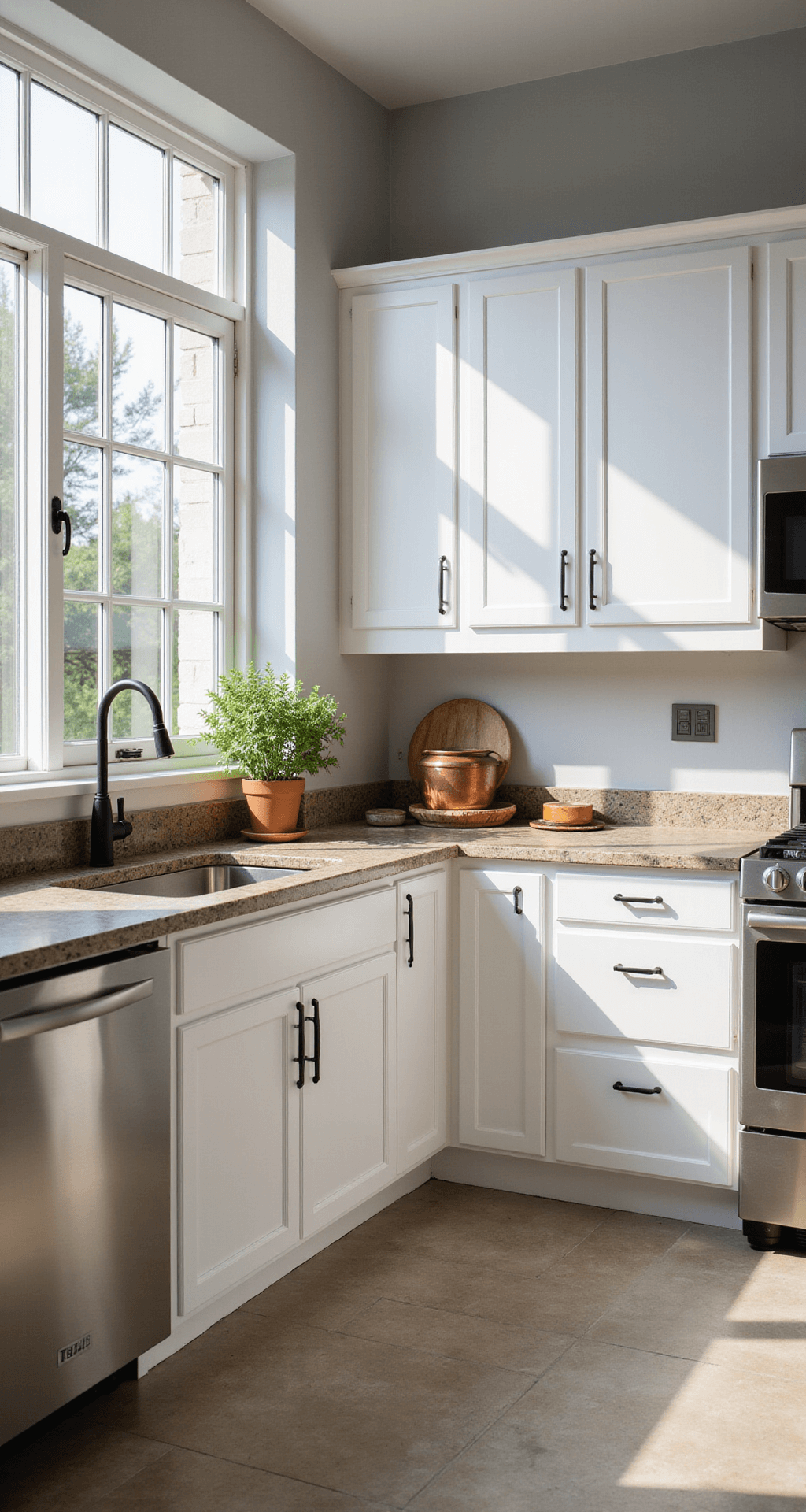 Painting Kitchen Cabinets: A DIY Transformation Guide A bright, spacious kitchen with white Shaker-style cabinets and matte black hardware, featuring natural stone countertops and stainless steel appliances, illuminated by morning light.