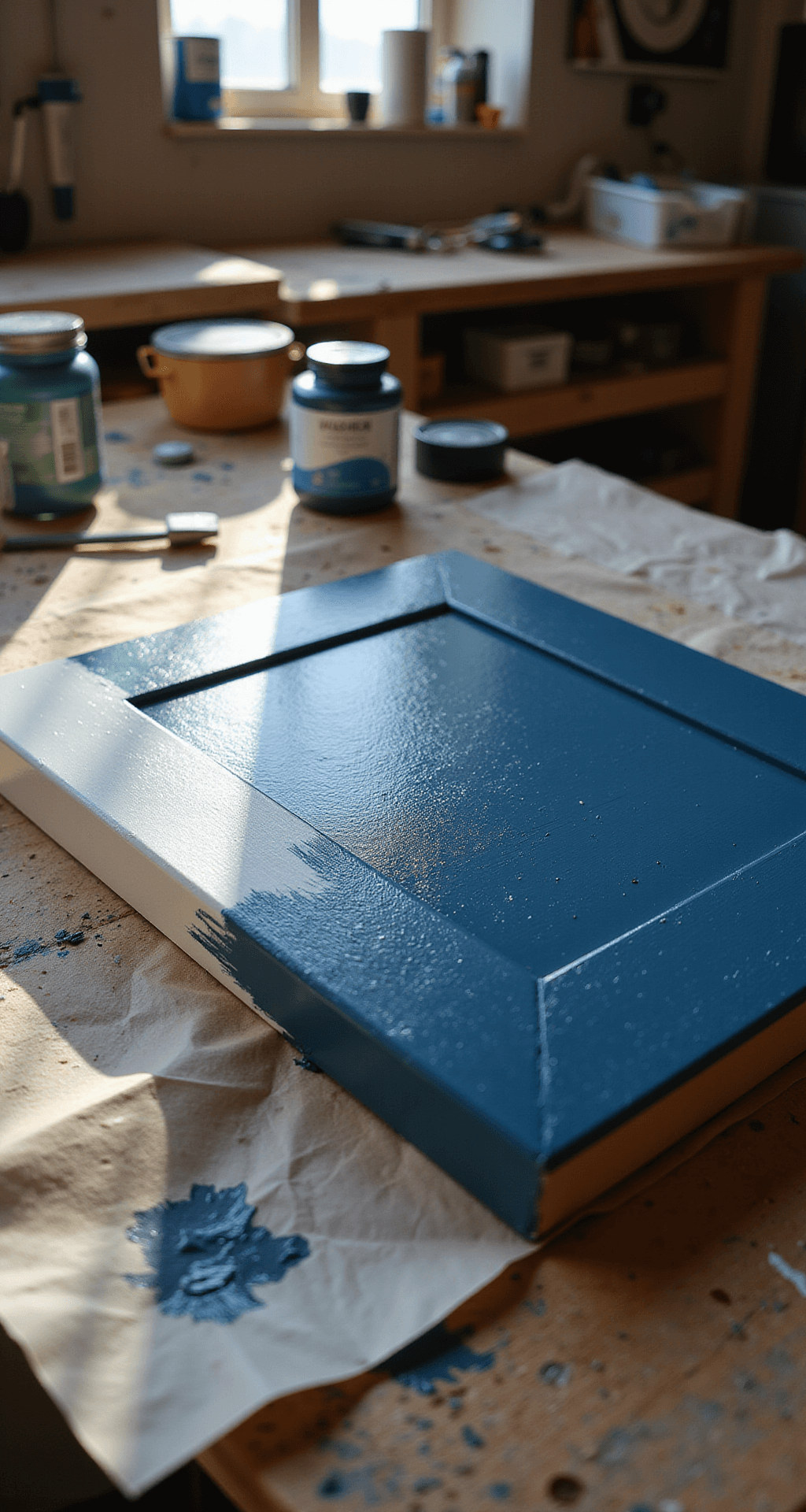 Painting Kitchen Cabinets: A DIY Transformation Guide Close-up detail of a partially painted cabinet door on a workbench, showcasing a rich navy paint application with a foam roller in warm afternoon light, surrounded by organized tools and paint supplies.