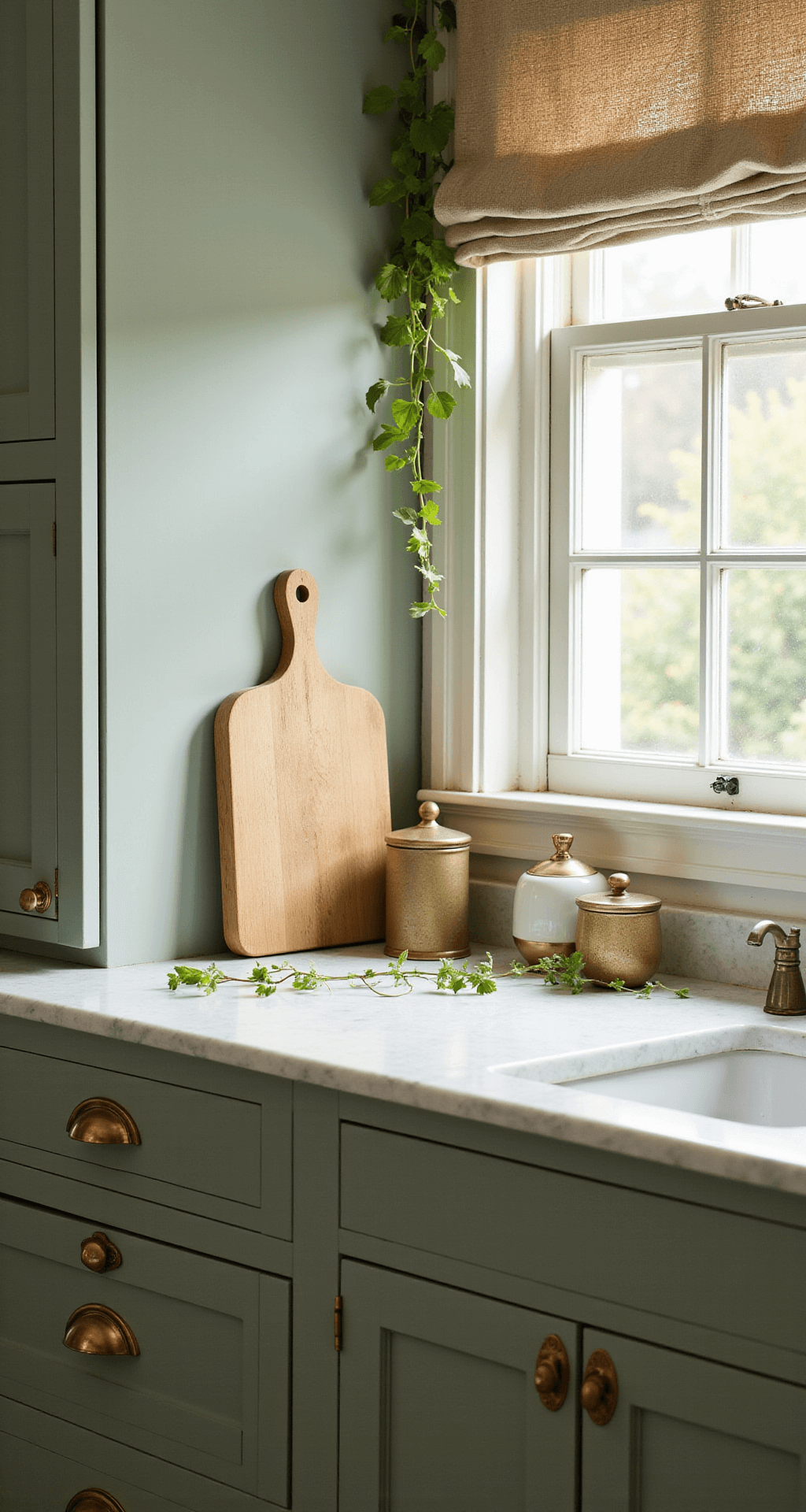 Painting Kitchen Cabinets: A DIY Transformation Guide A sunlit kitchen prep station showcasing sage green lower cabinets with brass handles, a marble countertop adorned with a wooden cutting board and ceramic canisters, and trailing ivy, all softly illuminated with backlighting and filtered through a natural linen roman shade.