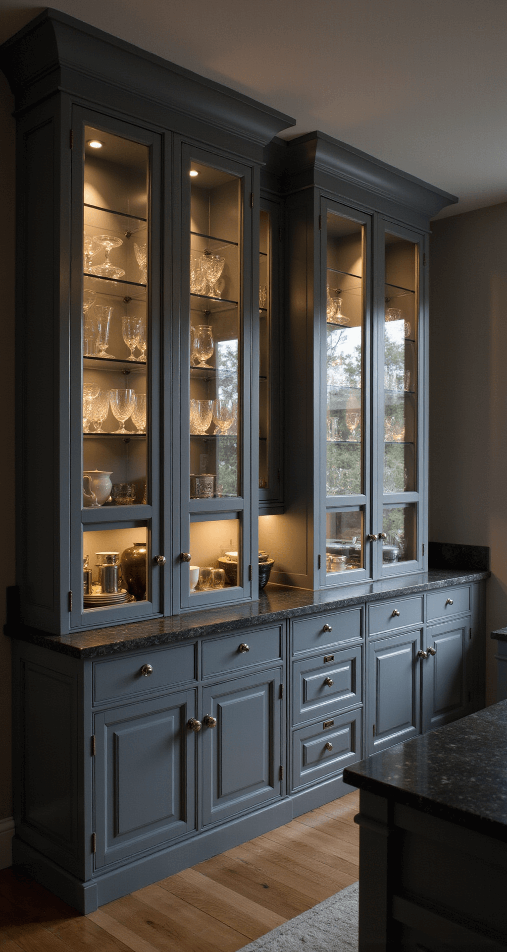 Painting Kitchen Cabinets: A DIY Transformation Guide Dramatic evening kitchen scene featuring glazed gray cabinets with glass fronts, illuminated upper cabinets, crystal glassware, white ceramics, polished nickel hardware, and dark soapstone counters, all creating a sophisticated contemporary atmosphere.