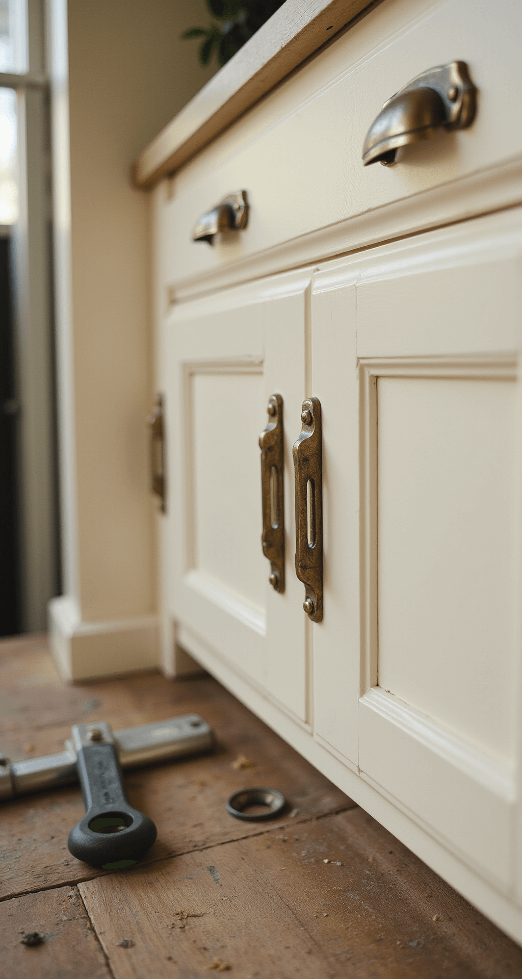 Painting Kitchen Cabinets: A DIY Transformation Guide Close-up of aged brass cabinet pulls being installed on freshly painted cream cabinets, with soft-focus background and natural side lighting highlighting the metal's patina. Installation tools and an organization system are also visible in the frame.