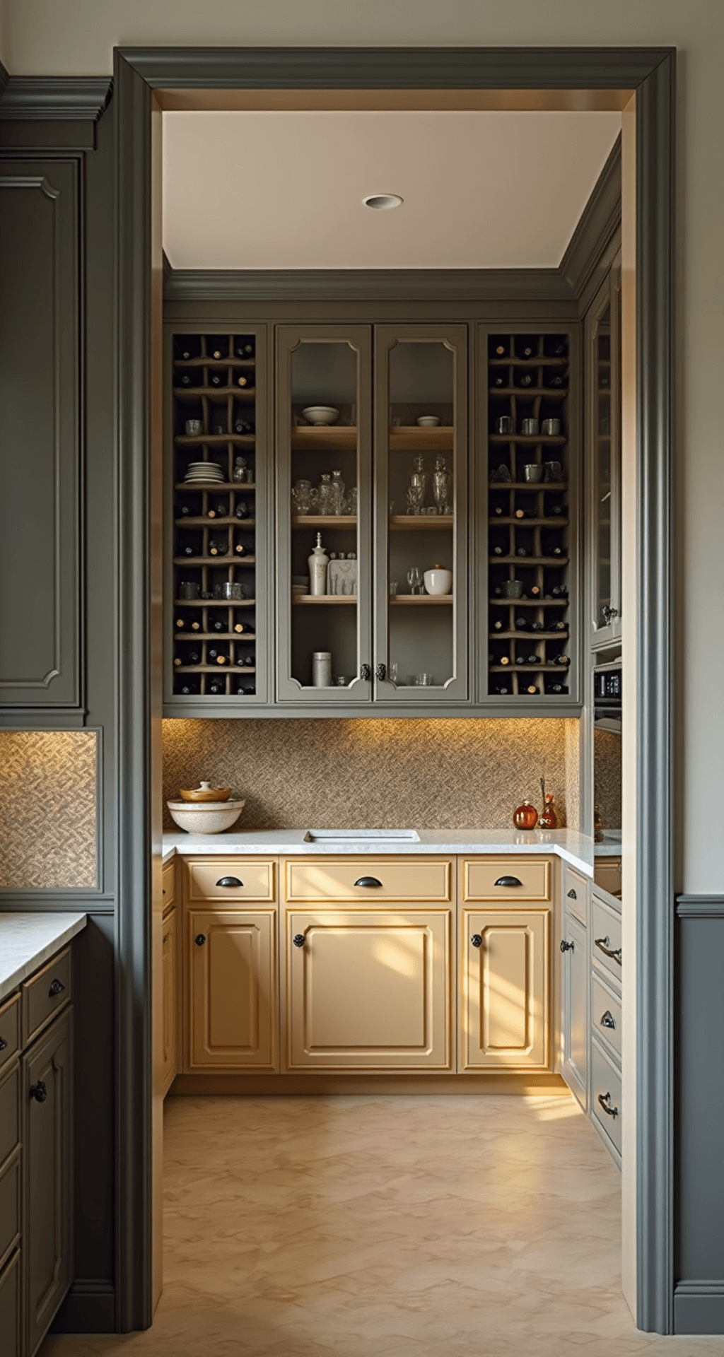 Painting Kitchen Cabinets: A DIY Transformation Guide A transformed butler's pantry with two-tone cabinets—charcoal on top and warm greige below—showcased from the doorway. An antiqued mirror backsplash reflects light, while wine storage and glass-front display cabinets complement a marble countertop, elegantly styled with vintage barware, all illuminated by golden hour lighting.