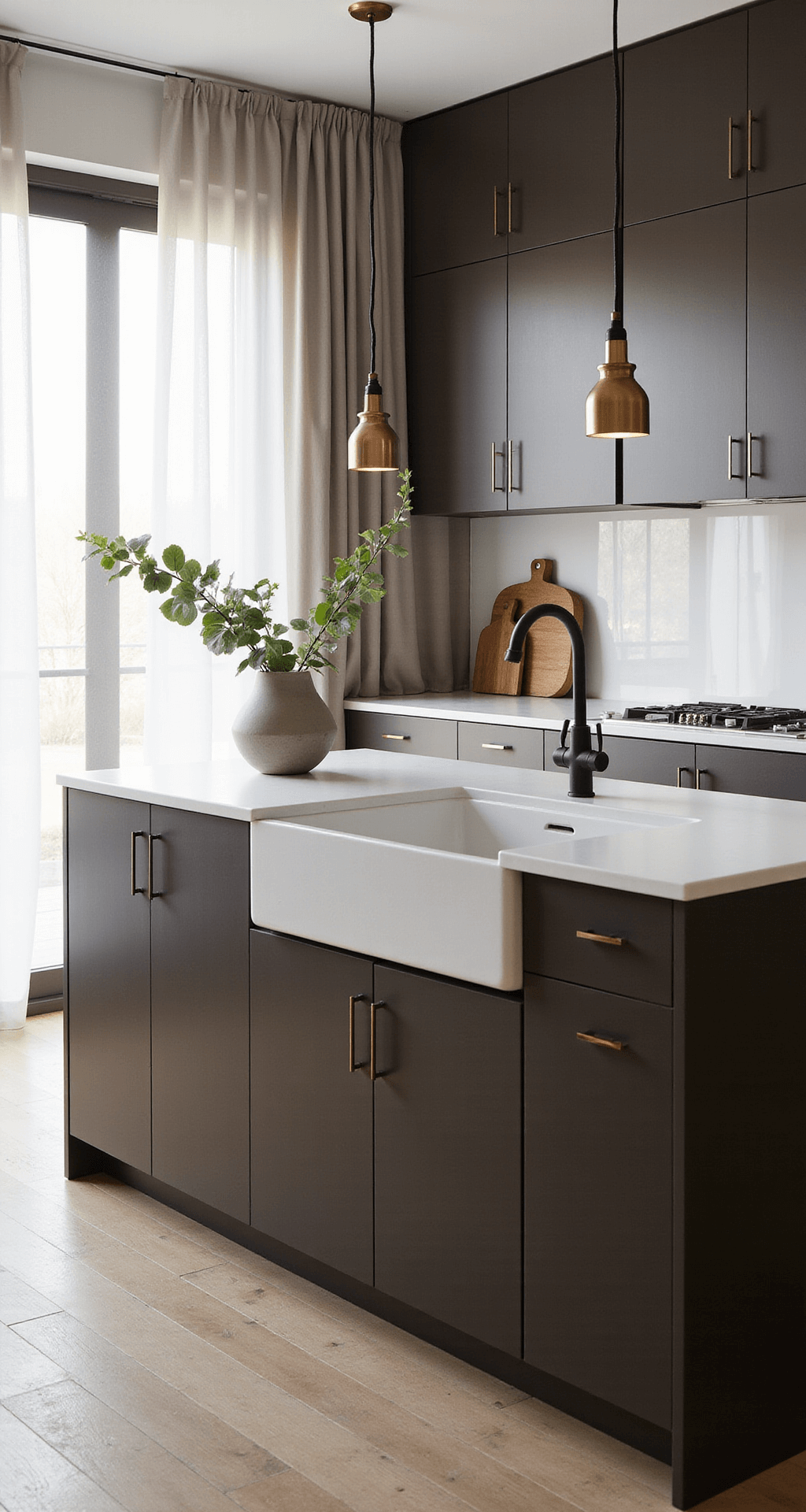 Dark Brown Cabinets Kitchen: Your Ultimate Styling Guide Interior of a modern minimalist kitchen with espresso-brown cabinets and white quartz countertops, illuminated by morning sunlight through sheer curtains, featuring a center island with waterfall edges, brass pendant lights, and warm white oak flooring, styled with a matte black faucet and decorative elements, captured at a 45-degree angle.