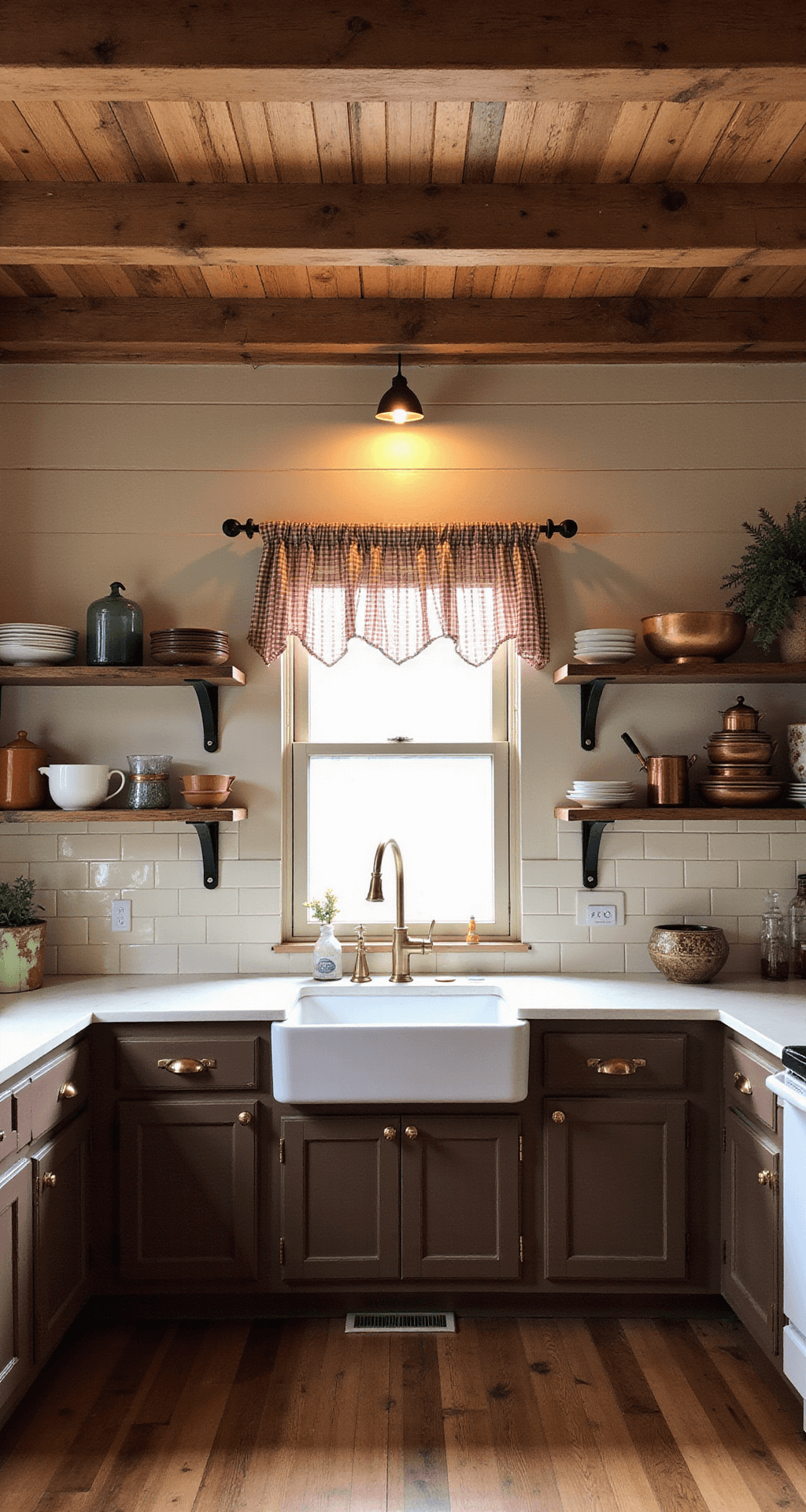 Dark Brown Cabinets Kitchen: Your Ultimate Styling Guide A rustic farmhouse kitchen featuring exposed wooden beams, chocolate-brown shaker cabinets with antique brass pulls, and a cream-colored subway tile backsplash. The room is bathed in warm golden hour lighting, showcasing reclaimed wood open shelving filled with vintage ceramics and copper cookware. A farmhouse sink is centered under a window with gingham cafe curtains, and accent lighting highlights the texture of the beams in this cozy, symmetrical space.