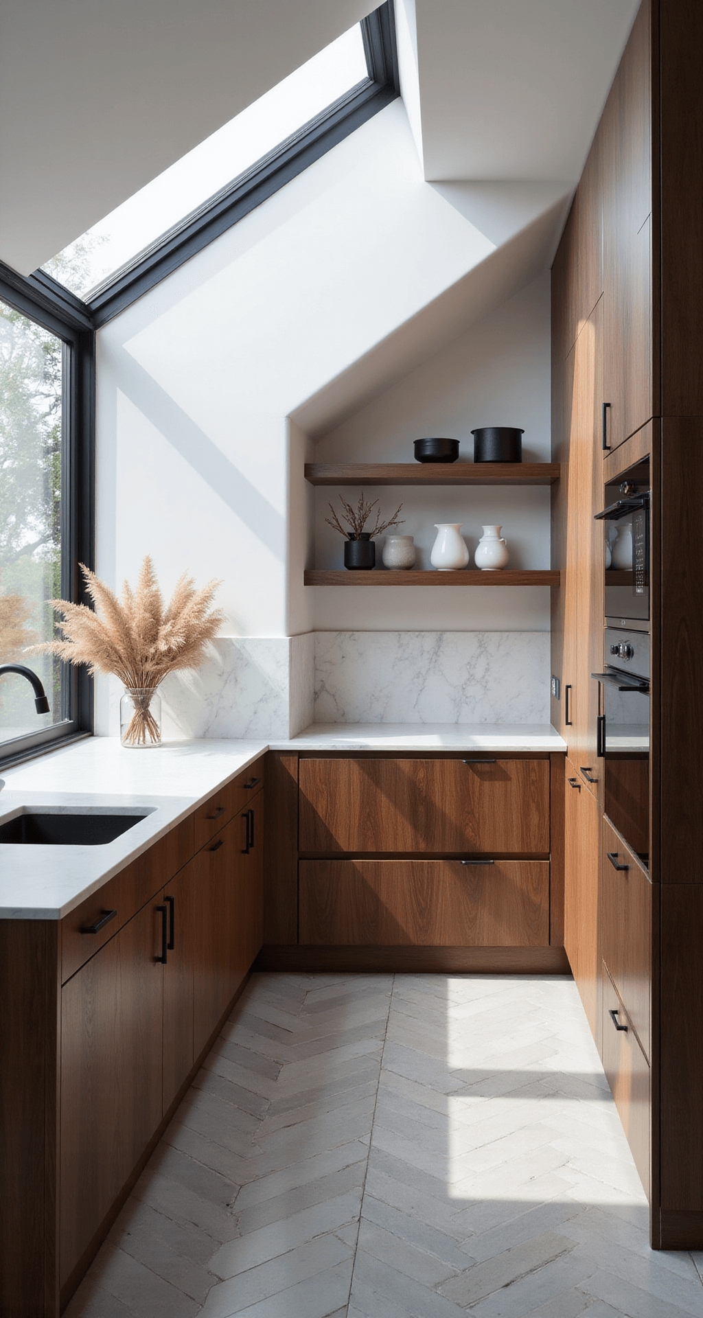 Dark Brown Cabinets Kitchen: Your Ultimate Styling Guide Contemporary Scandinavian kitchen featuring dark walnut slab cabinets with white marble counters, dramatic clerestory windows, and pale grey porcelain tiles in a herringbone pattern. Decorated with white ceramic vessels and dried pampas grass, captured in a low-angle shot emphasizing vertical lines and sharp midday shadows.