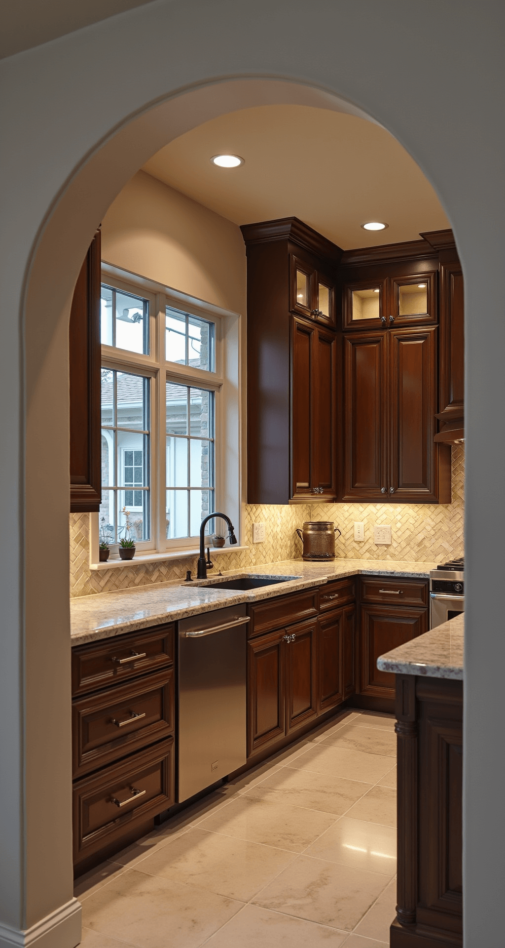 Dark Brown Cabinets Kitchen: Your Ultimate Styling Guide Transitional L-shaped kitchen featuring rich brown raised-panel cabinets, Crema Marfil marble countertops, and a coordinating mosaic backsplash, illuminated by dimmable recessed lights and dramatic overhead lighting, with an island showcasing turned legs and a quartzite top, all viewed from an archway entrance at dusk.