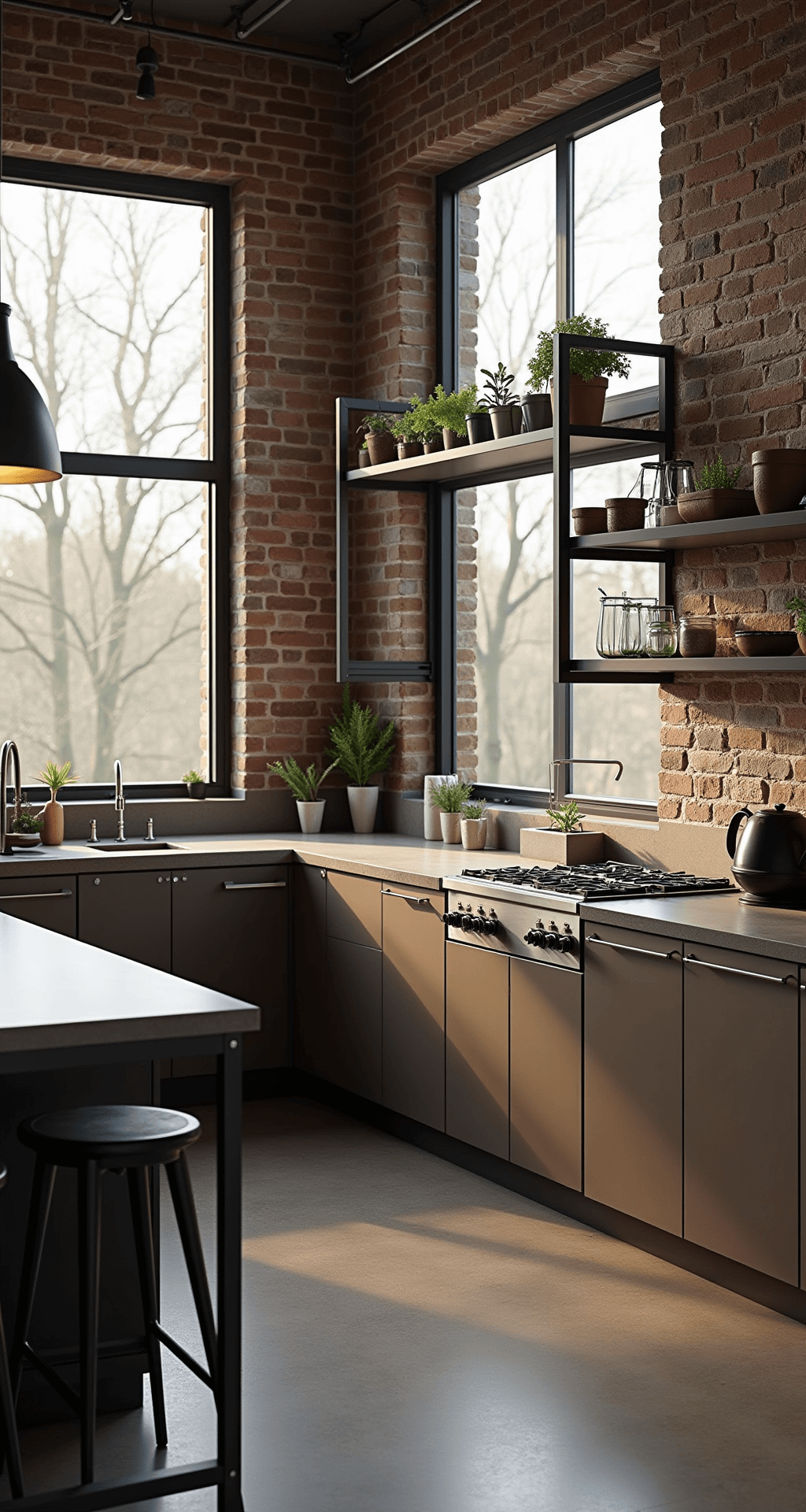 Dark Brown Cabinets Kitchen: Your Ultimate Styling Guide Modern industrial kitchen featuring exposed brick walls, coffee-brown flat-front cabinets, concrete countertops, stainless steel appliances, and open metal shelving with herbs, illuminated by late afternoon light from steel-framed windows and black iron pendant lights.