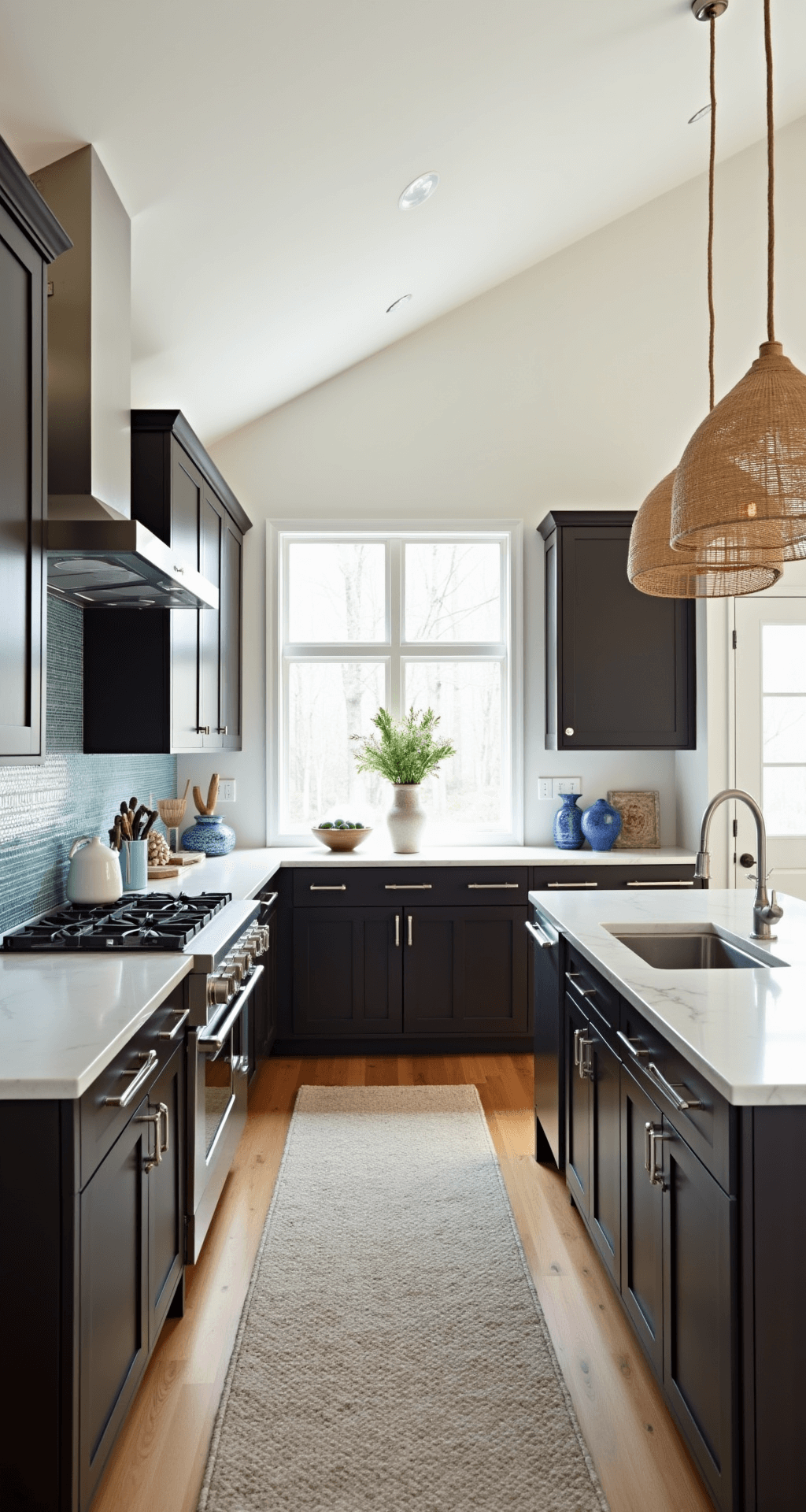 Dark Brown Cabinets Kitchen: Your Ultimate Styling Guide A contemporary coastal kitchen featuring dark chocolate flat-panel cabinets, white marble counters, and a glass mosaic backsplash in sea blues, illuminated by bright midday light. The space includes rattan pendant lights, a natural fiber runner, and is styled with blue-and-white ceramics and driftwood accents, captured from a high angle to showcase its fresh and sophisticated atmosphere.