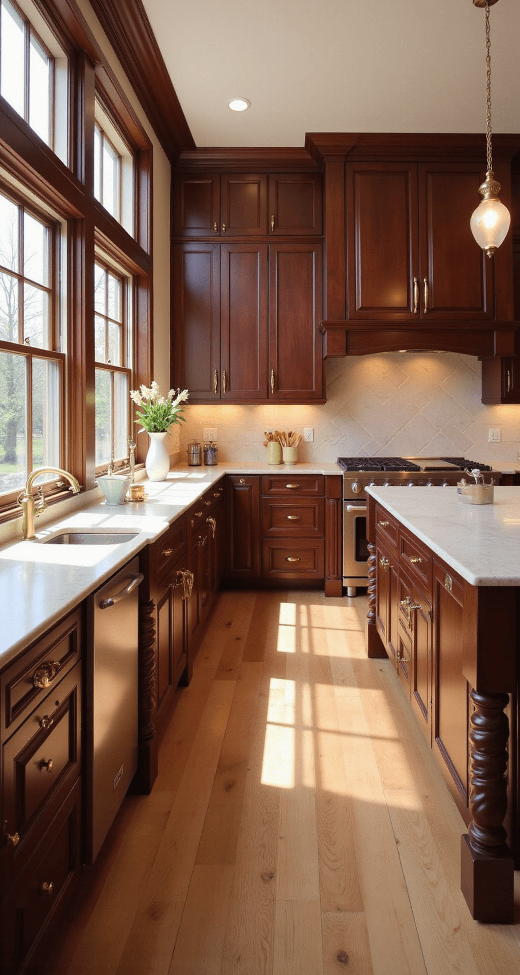 Kitchen Wood Cabinets: Your Ultimate Guide to Timeless Elegance and Functionality A sunlit 12x15ft kitchen featuring rich cherry wood cabinets with raised panel doors, cream quartz countertops, and a detailed center island. Brass hardware and pendant lights provide accents, while professional-grade stainless appliances are subtly visible. The shot is from a low angle, emphasizing the architectural details and wood grain.