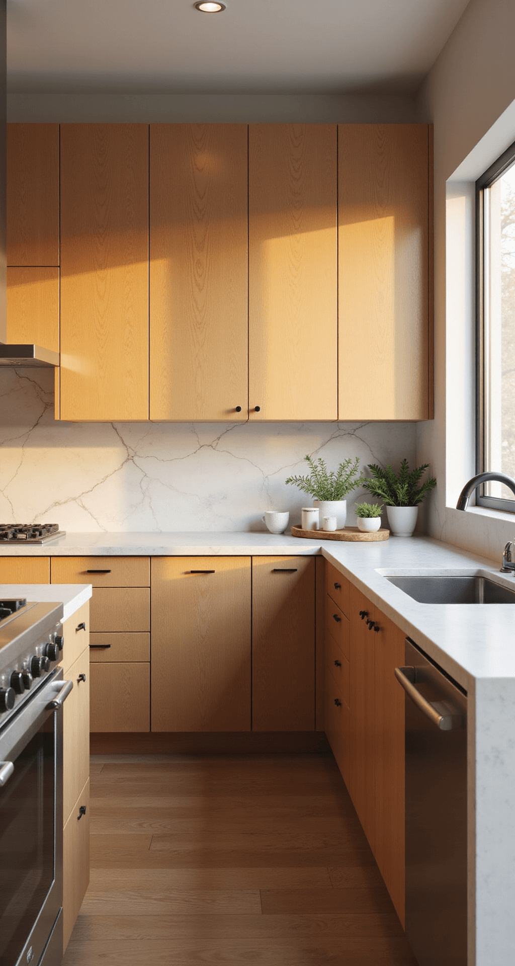 Kitchen Wood Cabinets: Your Ultimate Guide to Timeless Elegance and Functionality Contemporary kitchen featuring floor-to-ceiling maple cabinets with honey-blonde finish, minimalist black hardware, white waterfall quartzite counters, and geometric tile backsplash, all illuminated by warm golden hour light and under-cabinet LED lighting.