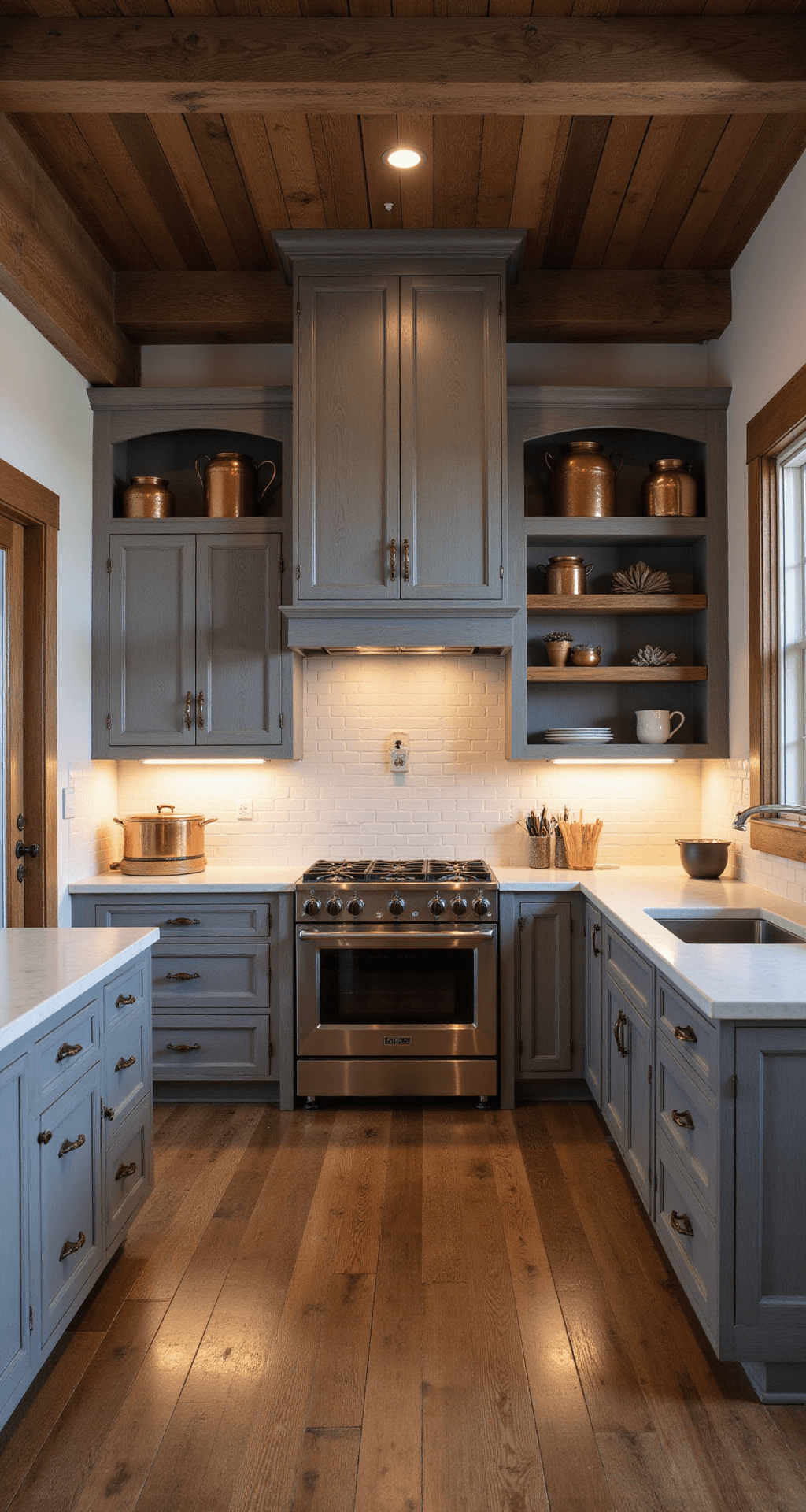 Kitchen Wood Cabinets: Your Ultimate Guide to Timeless Elegance and Functionality Rustic farmhouse kitchen with exposed wooden beams, distressed oak cabinets in weathered gray, soapstone counters, and white subway tile backsplash, captured during blue hour with warm lighting, showcasing vintage-style range hood and open shelving with copper cookware and ceramic crocks.
