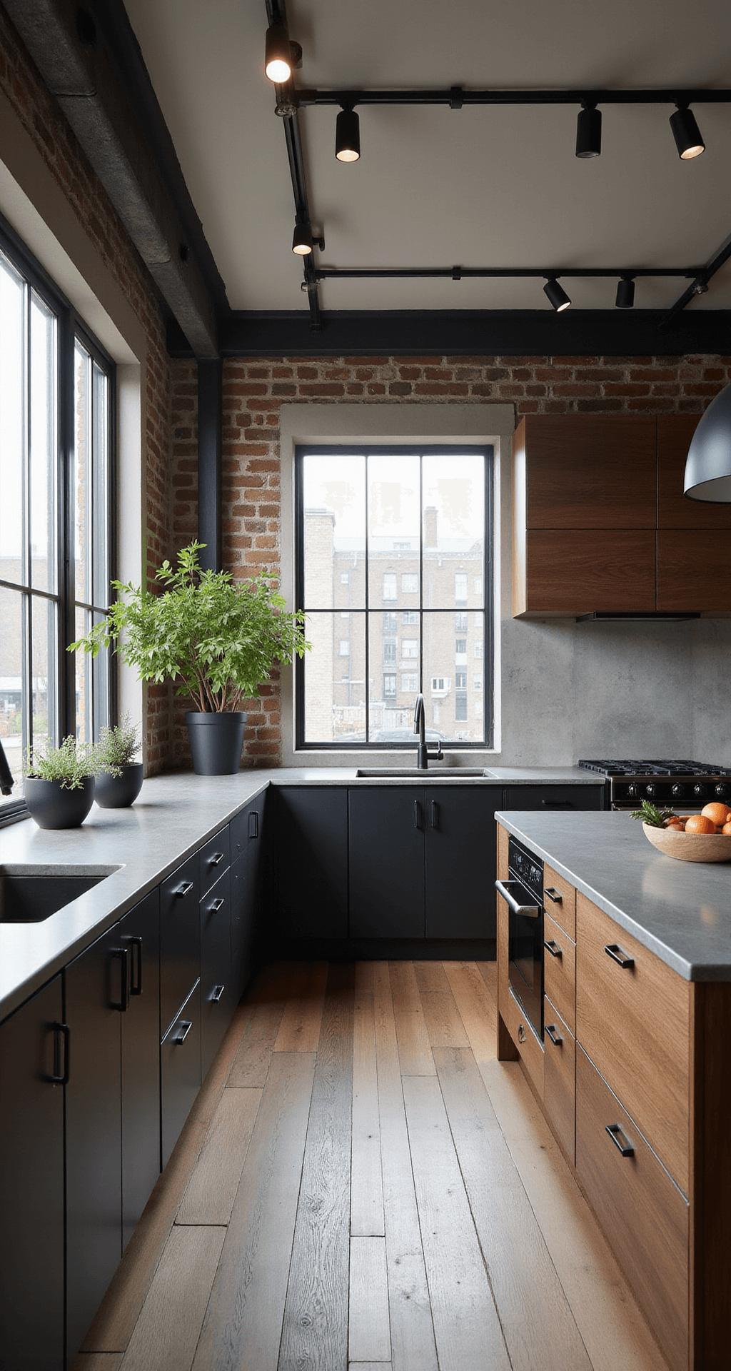 Kitchen Wood Cabinets: Your Ultimate Guide to Timeless Elegance and Functionality A spacious modern industrial loft kitchen featuring a two-tone cabinet design with walnut upper cabinets and matte black lower cabinets, concrete countertops, and blackened steel hardware, illuminated by afternoon light streaming through factory-style windows, showcasing vertical height with LED track lighting highlighting the wood grain, styled with minimalist black accessories and sculptural plants.