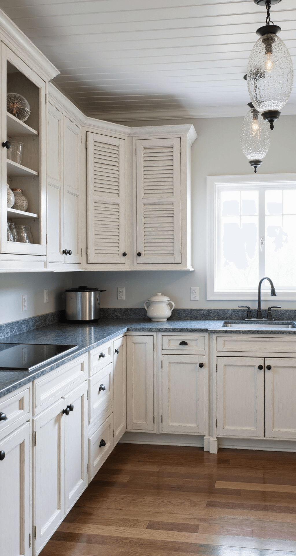 Kitchen Wood Cabinets: Your Ultimate Guide to Timeless Elegance and Functionality Coastal kitchen featuring light pine cabinets with louvered doors, blue-gray granite counters, and a shiplap ceiling, bathed in diffused morning light.