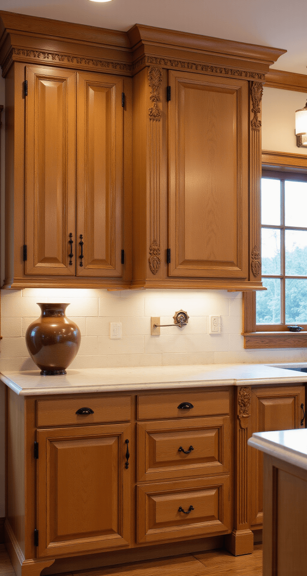 Kitchen Wood Cabinets: Your Ultimate Guide to Timeless Elegance and Functionality A traditional kitchen measuring 13x15ft with warm honey-stained birch cabinets featuring raised panel doors and decorative corbels, marble countertops with ogee edges, and warm evening lighting. The shot captures the symmetrical design of the cabinetry, illuminated by a chandelier and sconces, and styled with classic copper and pottery decor.