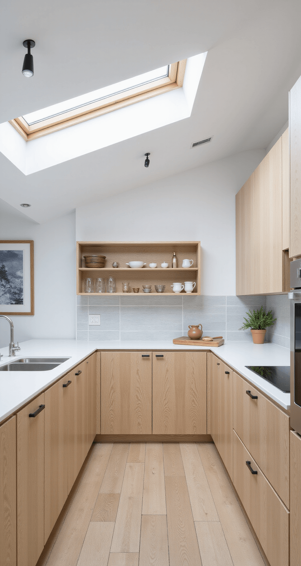 Kitchen Wood Cabinets: Your Ultimate Guide to Timeless Elegance and Functionality A Scandinavian-inspired kitchen featuring natural finish white oak cabinets with a flat-front design, white solid surface countertops, and pale gray backsplash tiles, all illuminated by bright midday light from skylights and strip lighting, showcasing a minimal aesthetic with pale woods and handmade ceramics.