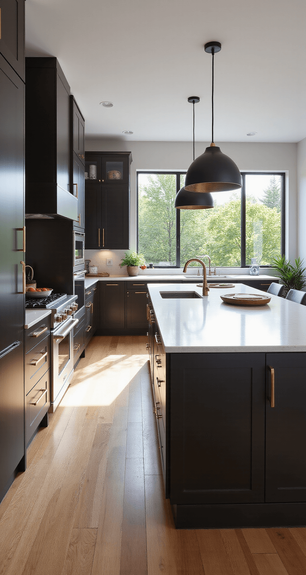 Espresso Kitchen Cabinets: The Ultimate Style Guide for Modern Homes A wide-angle view of a contemporary kitchen featuring sleek espresso cabinets with gold hardware, a white quartz waterfall island, and matte black pendant lights, illuminated by early morning sunlight through large windows, with natural oak flooring adding warmth.
