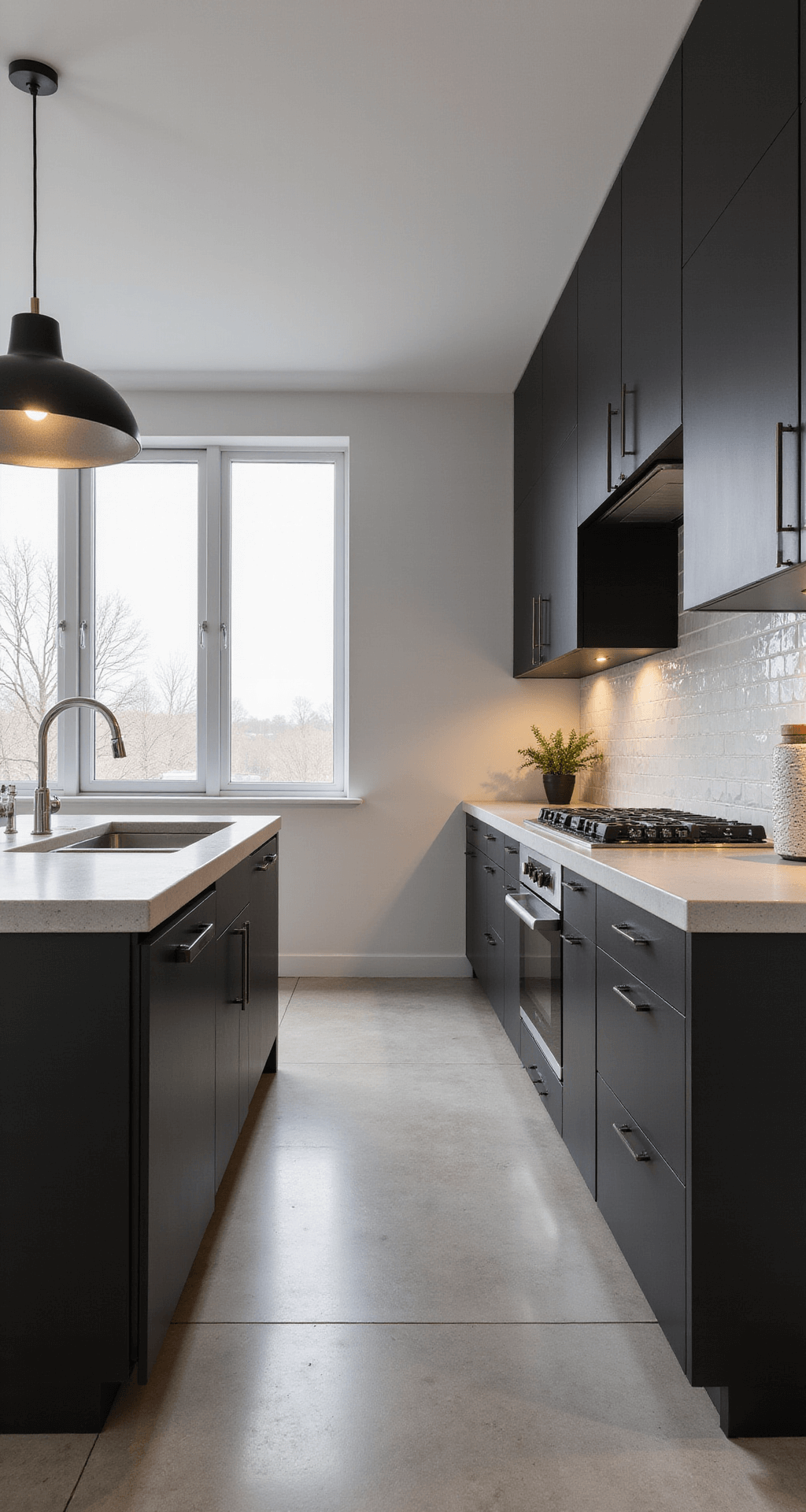 Espresso Kitchen Cabinets: The Ultimate Style Guide for Modern Homes A serene, minimalist kitchen at dawn featuring spacious espresso cabinets, concrete countertops, and a geometric tile backsplash, illuminated by cool morning light and warm artificial light, captured from an island-height perspective.