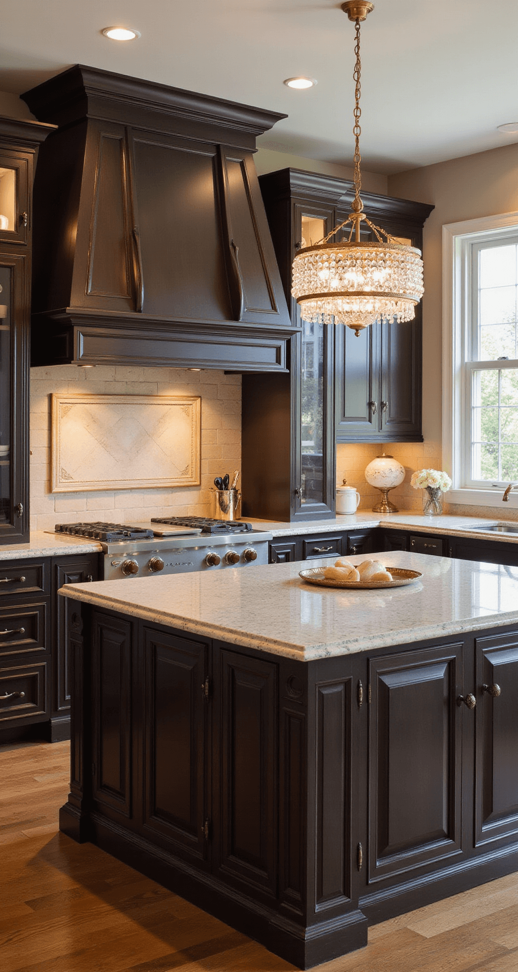 Espresso Kitchen Cabinets: The Ultimate Style Guide for Modern Homes Low-angle view of a traditional kitchen featuring raised-panel espresso cabinets, cream granite counters, and a crystal chandelier, bathed in warm afternoon light, showcasing elegant architectural details.
