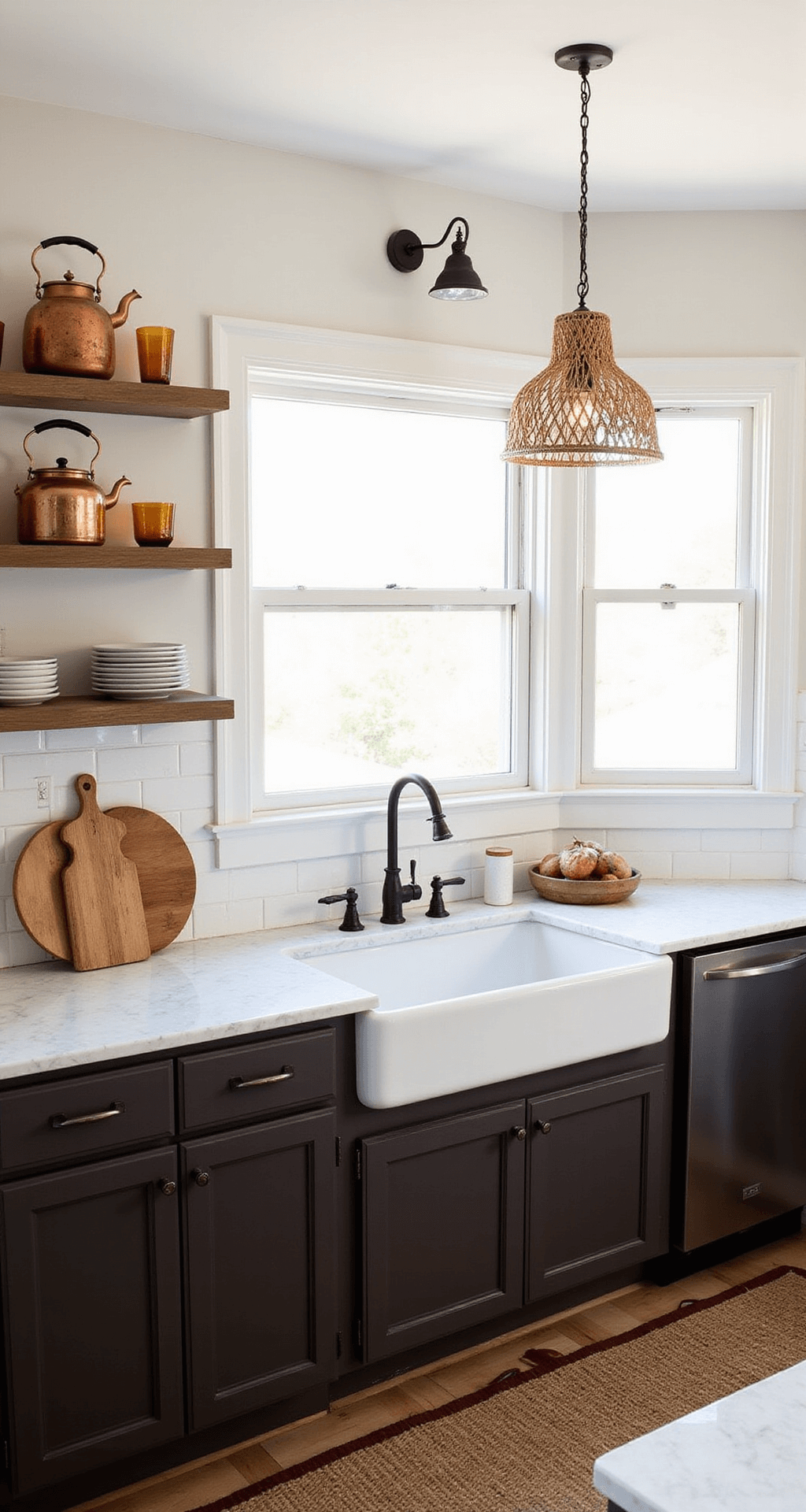 Espresso Kitchen Cabinets: The Ultimate Style Guide for Modern Homes Mid-level shot of a cozy kitchen featuring espresso cabinets, a farmhouse sink, and white marble countertops adorned with autumn decor like copper kettles and amber glass, illuminated by natural light from a bay window and woven pendant lights, creating a warm seasonal ambiance.