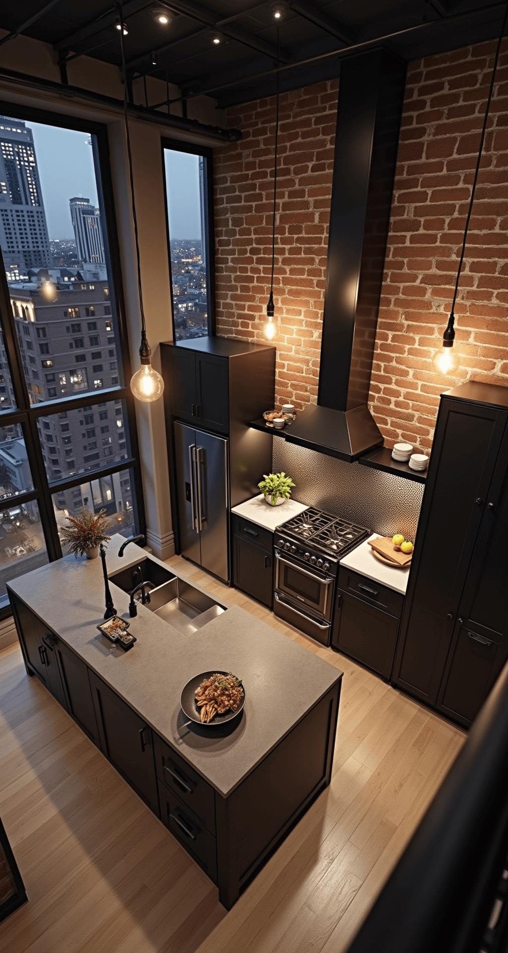 Espresso Kitchen Cabinets: The Ultimate Style Guide for Modern Homes High-angle view of an industrial-style open-concept kitchen with espresso cabinets, an exposed brick wall, polished concrete counters, and a metallic mosaic backsplash, illuminated by warm Edison bulbs and cool dusk light from outside. City lights are visible through warehouse windows, showcasing metropolitan sophistication.