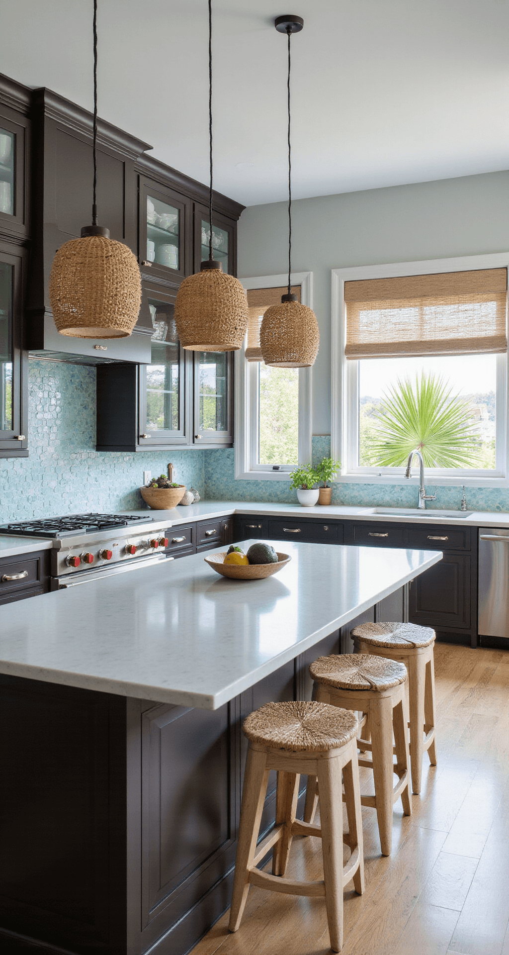 Espresso Kitchen Cabinets: The Ultimate Style Guide for Modern Homes A wide view of a coastal contemporary kitchen featuring espresso cabinets with glass uppers and nickel pulls, a sea-glass backsplash, and white quartz counters. Rattan pendant lights hang above bleached wood stools, while blue-green accents are scattered throughout. Natural light spills in, casting shadows from palm fronds through the windows, creating a mood of relaxed luxury.