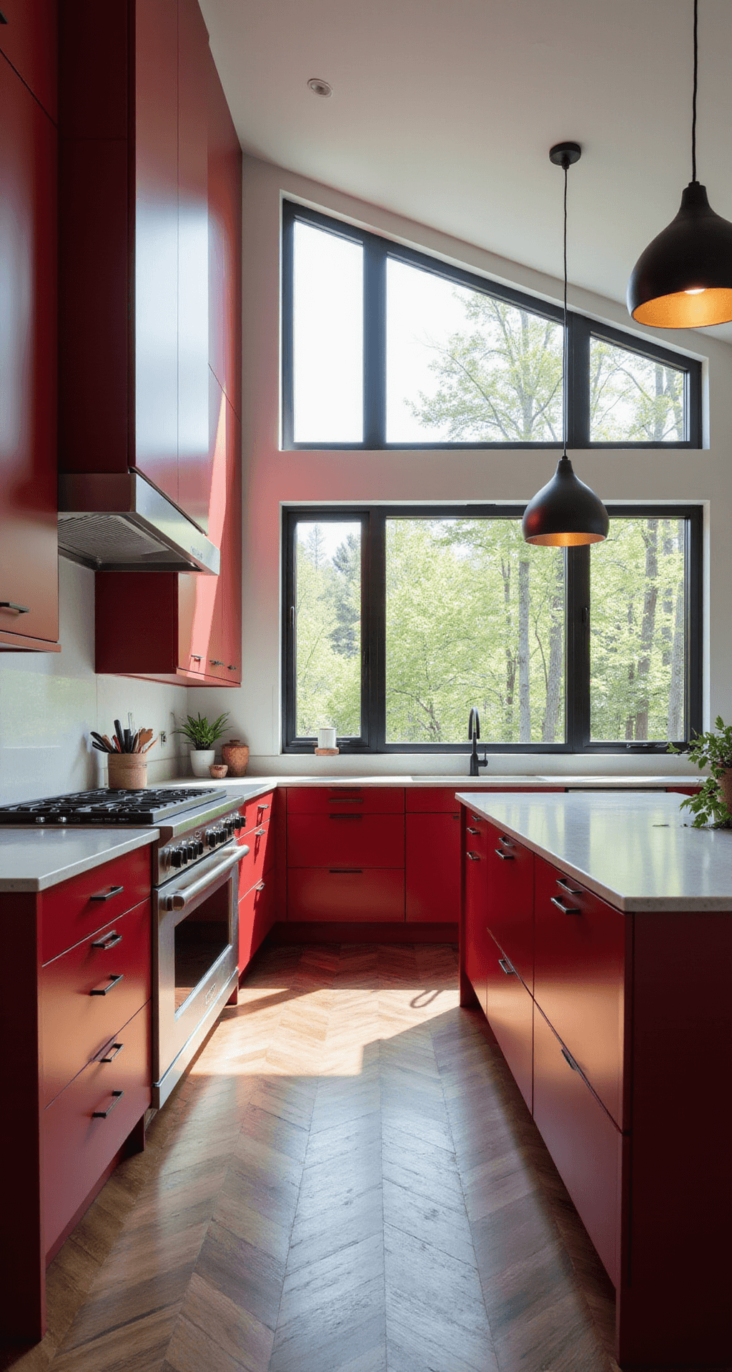 Red Kitchen Cabinets: A Bold Design Statement for Modern Homes A wide-angle view of a modern kitchen featuring crimson lacquered cabinets, a white quartz waterfall island, and walnut herringbone floors, all illuminated by morning sunlight streaming through clerestory windows, with matte black hardware and industrial pendant lights accentuating the sophisticated atmosphere.