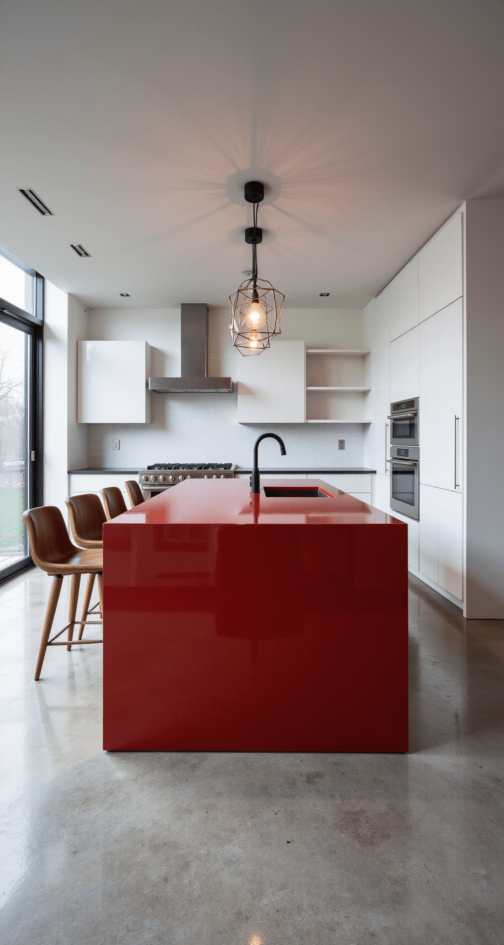 Red Kitchen Cabinets: A Bold Design Statement for Modern Homes A contemporary open-concept kitchen featuring a bold cherry red island surrounded by white cabinets and concrete floors, illuminated by geometric pendant lights and natural light from floor-to-ceiling windows.