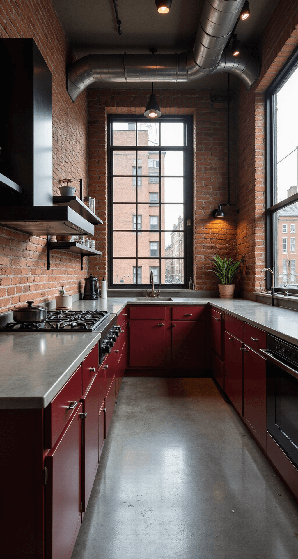 Red Kitchen Cabinets: A Bold Design Statement for Modern Homes Aerial view of an industrial loft kitchen featuring exposed brick walls and metal ductwork, with deep oxblood red cabinets trimmed in black metal. Polished concrete counters and steel open shelving complement the urban aesthetic. Evening city lights filter through factory windows, illuminated by dramatic spotlighting, creating a mood of urban sophistication.