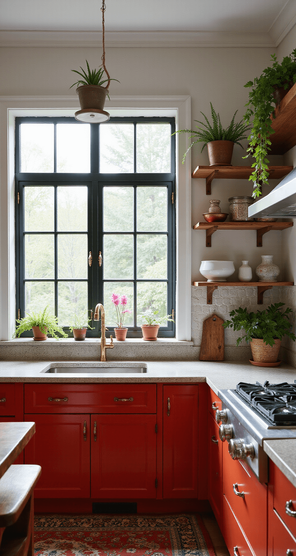 Red Kitchen Cabinets: A Bold Design Statement for Modern Homes A cozy bohemian kitchen featuring vermillion red lower cabinets, illuminated by natural light from greenhouse windows. The space showcases mixed metal hardware, a Moroccan tile backsplash, and hanging plants. Reclaimed wood open shelving contrasts with eclectic details, all captured in soft, diffused lighting.