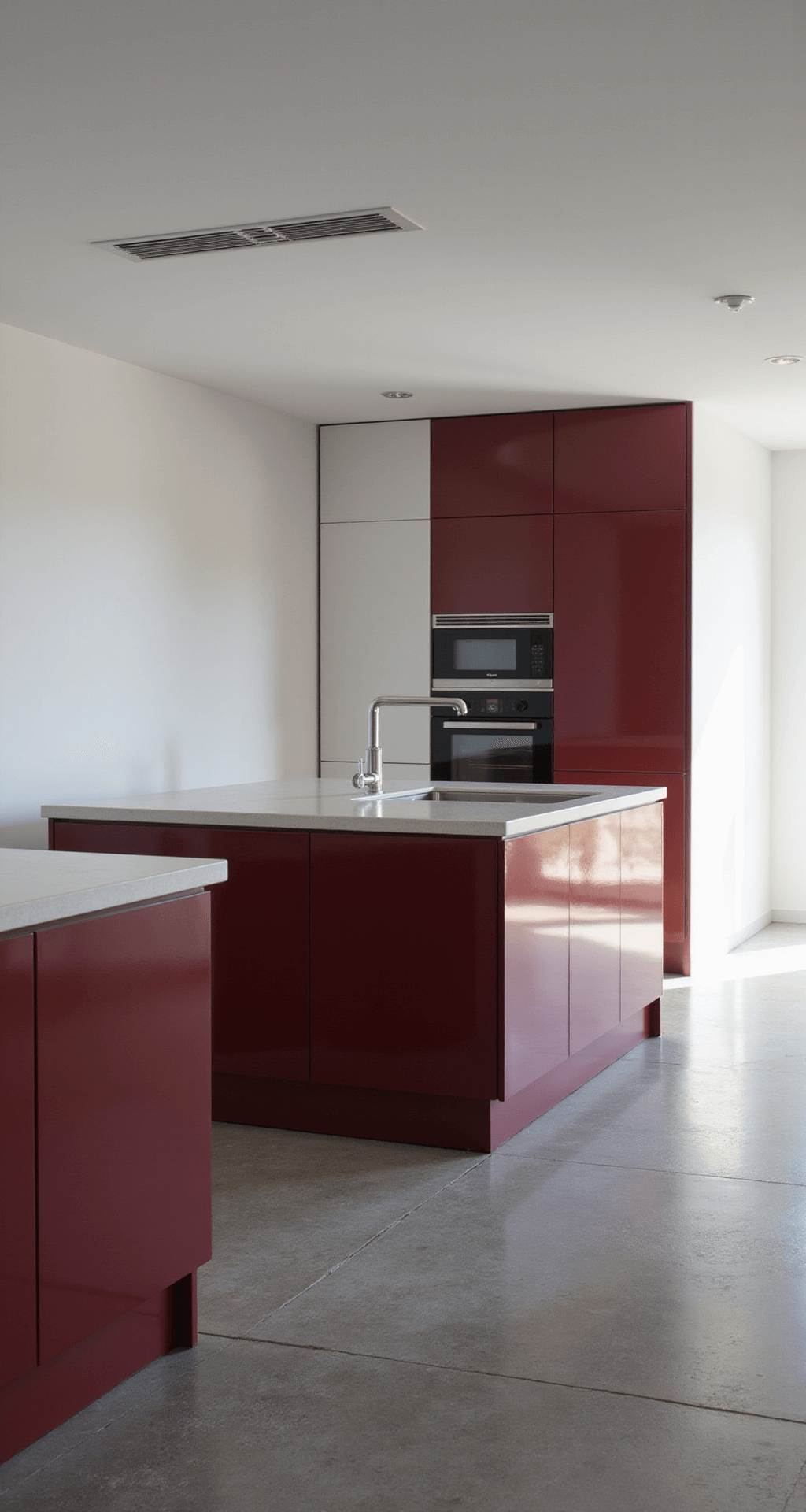 Red Kitchen Cabinets: A Bold Design Statement for Modern Homes A minimalist galley kitchen measuring 12x8ft with glossy wine-red cabinet panels against white walls and gray stone floors, featuring hidden hardware and integrated appliances. Afternoon light casts linear shadows, enhancing the clean lines and sleek efficiency of the space.