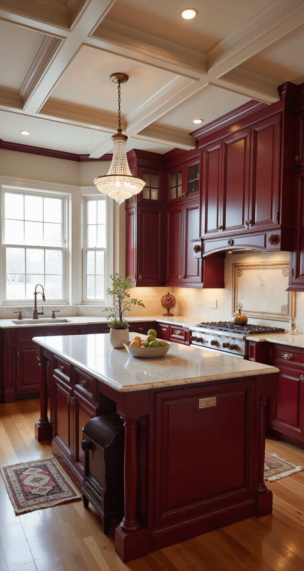 Red Kitchen Cabinets: A Bold Design Statement for Modern Homes A traditional kitchen featuring rich garnet red perimeter cabinets, a coffered ceiling with crown molding, and marble countertops. Antique brass fixtures and a crystal chandelier illuminate the island, while morning light filters through a bay window. The three-quarter view highlights the kitchen's architectural details, creating a mood of timeless elegance.