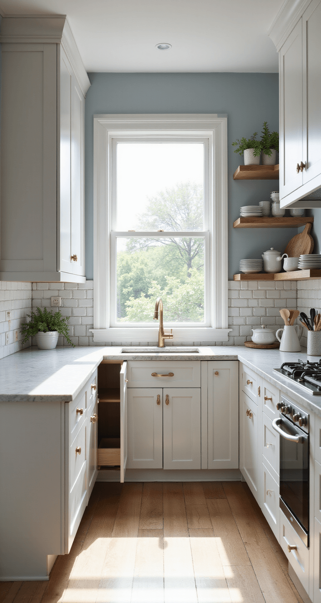 Small Kitchen Cabinet Ideas: Maximize Space, Style, and Functionality A wide-angle view of a compact kitchen filled with morning sunlight, featuring bright white shaker cabinets, brass hardware, open and closed shelving with ceramics, marble countertops, and pale blue walls, all creating a fresh and organized atmosphere.